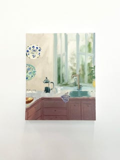 Aztec Mocha, Kitchen, Blue China Plates, Plants, Open Window Interior Still Life