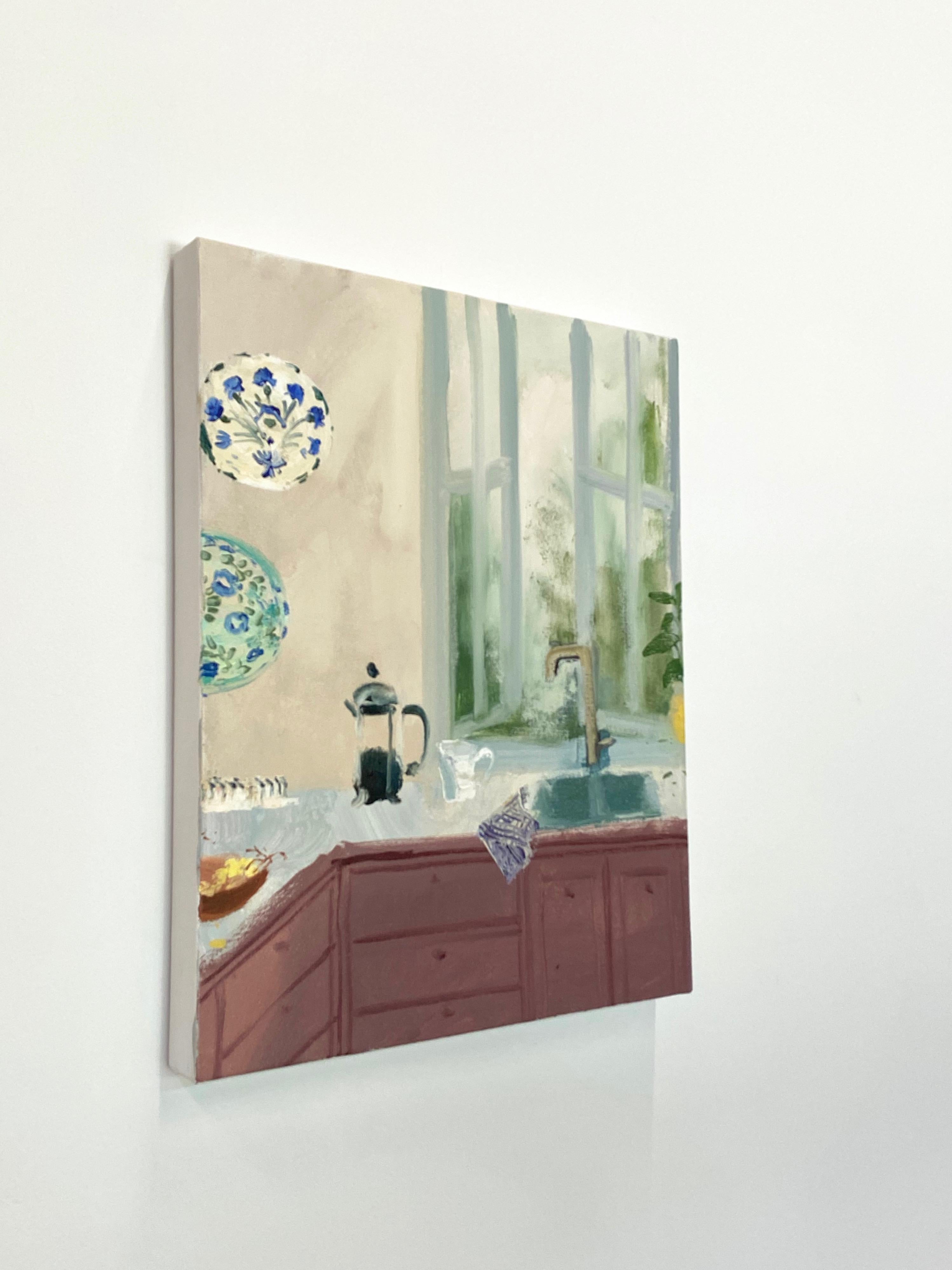 Aztec Mocha, Kitchen, Blue China Plates, Plants, Open Window Interior Still Life - Contemporary Painting by Melanie Parke