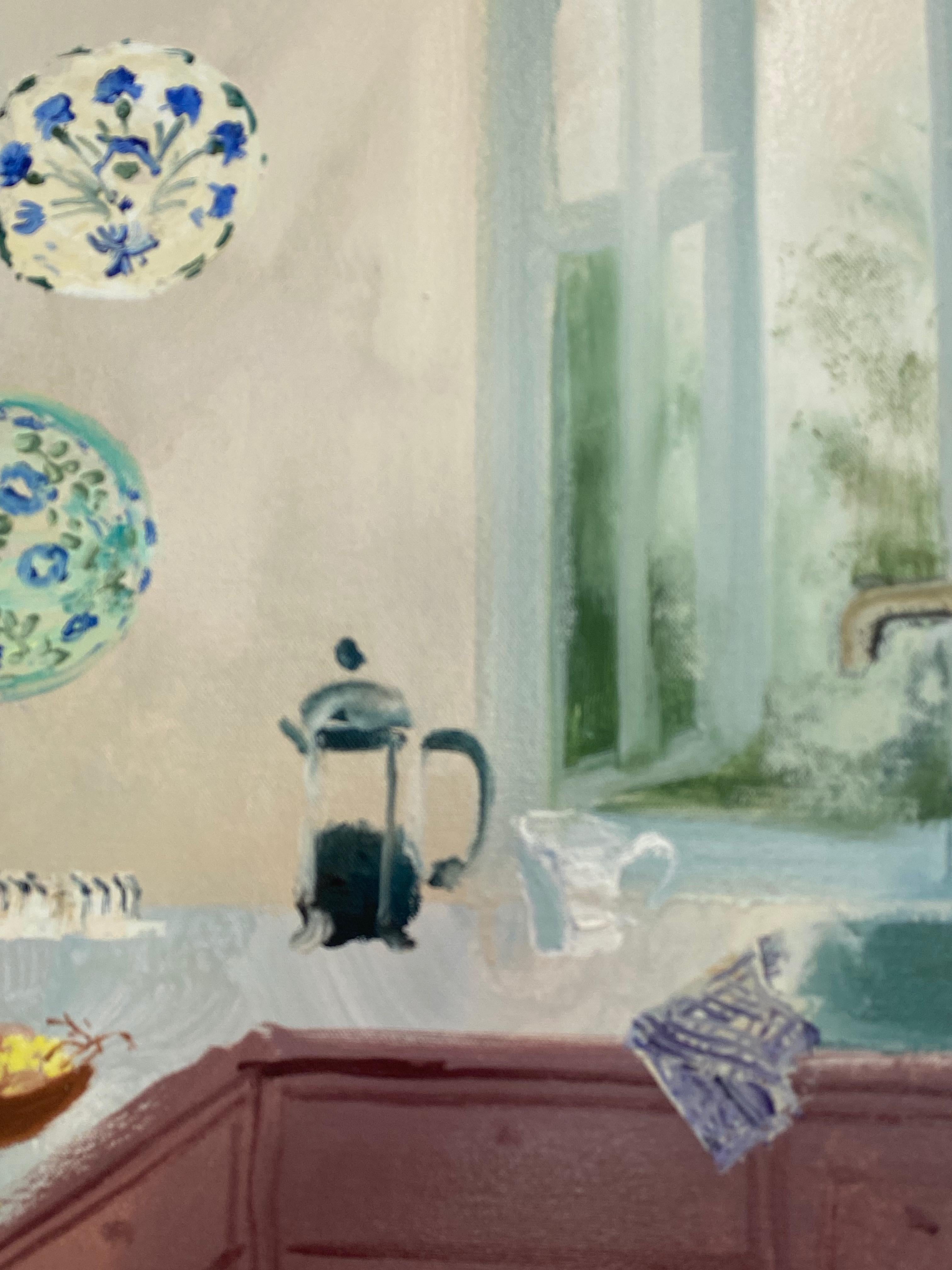 In this bright and inviting interior scene, two patterned china plates hang on a light beige wall beside an open window with a view of verdant botany and suggesting the fresh air outdoors. Signed, dated and titled on verso.

Pastoral and bucolic