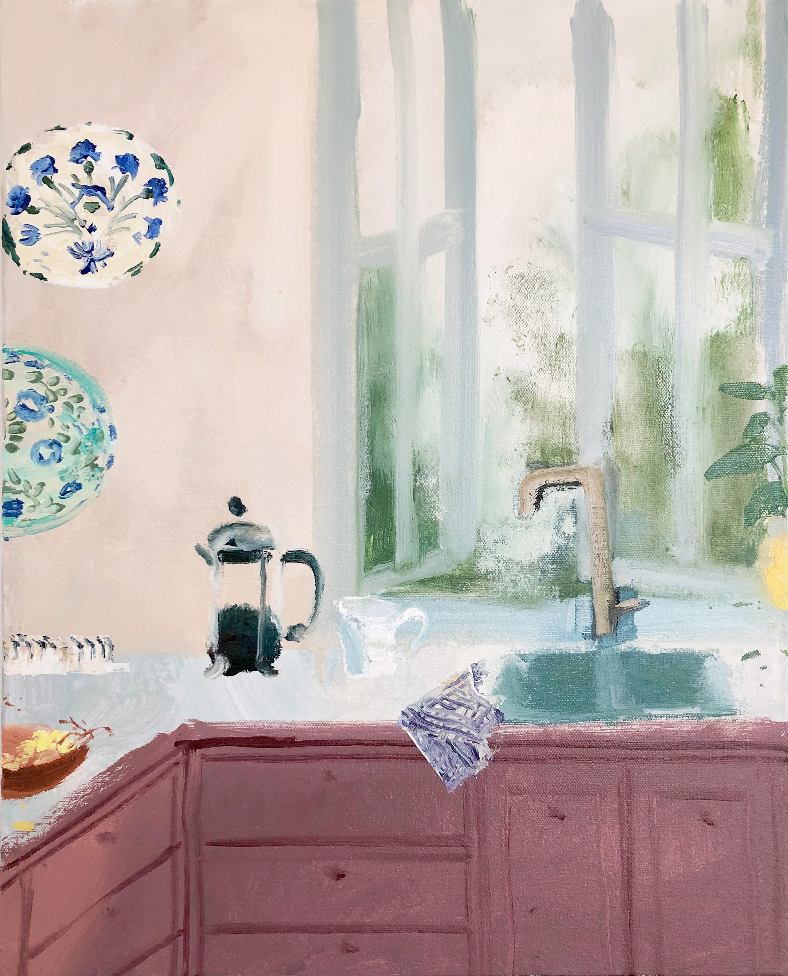 Melanie Parke Interior Painting - Aztec Mocha, Kitchen, Blue China Plates, Plants, Open Window Interior Still Life