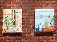 Backyard, pink and green still life painting on canvas
