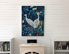 Before You Thought Spring, Vertical Painting of Sandhill Crane Birds, Flowers