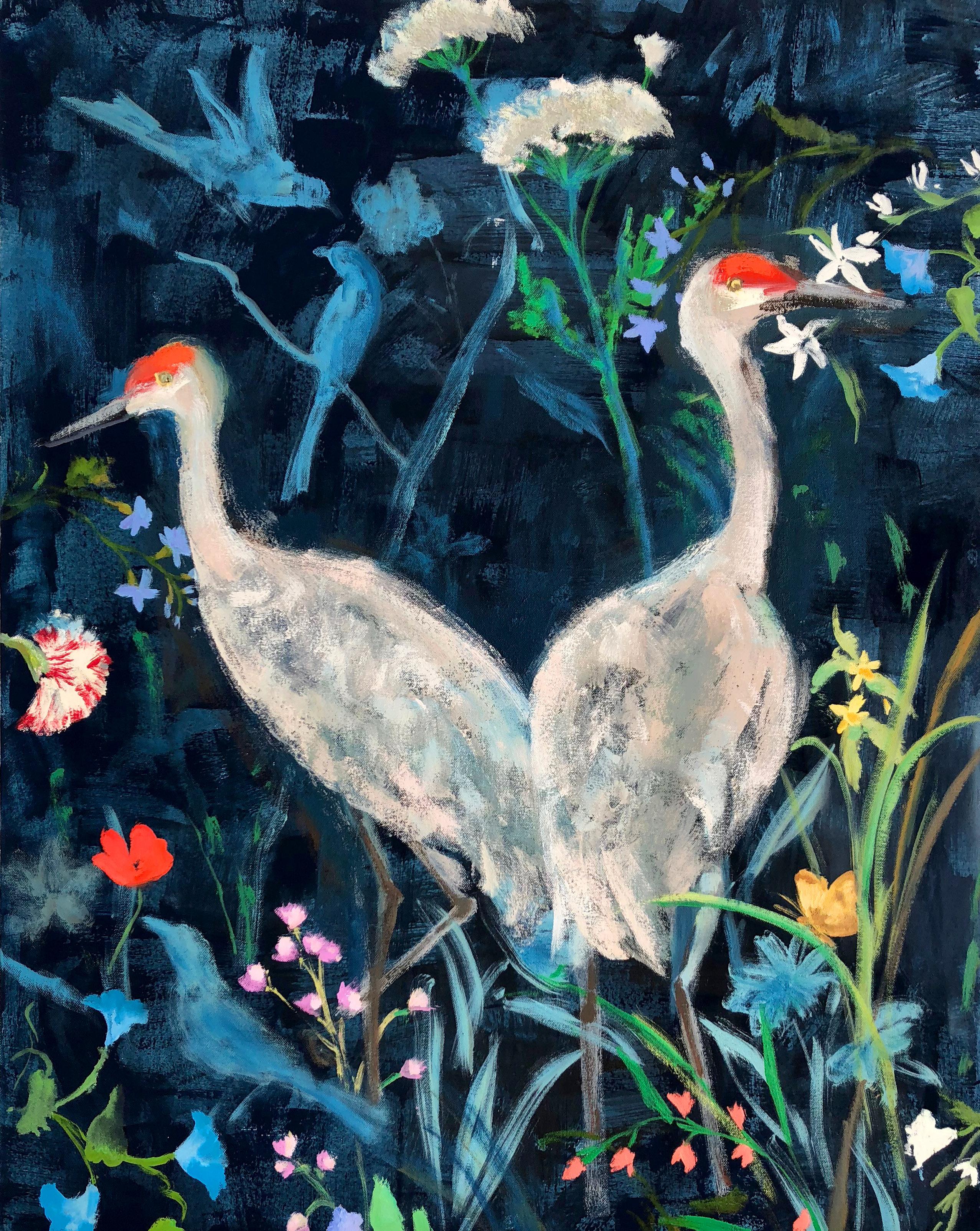 Melanie Parke Landscape Painting - Before You Thought Spring, Vertical Painting of Sandhill Crane Birds, Flowers