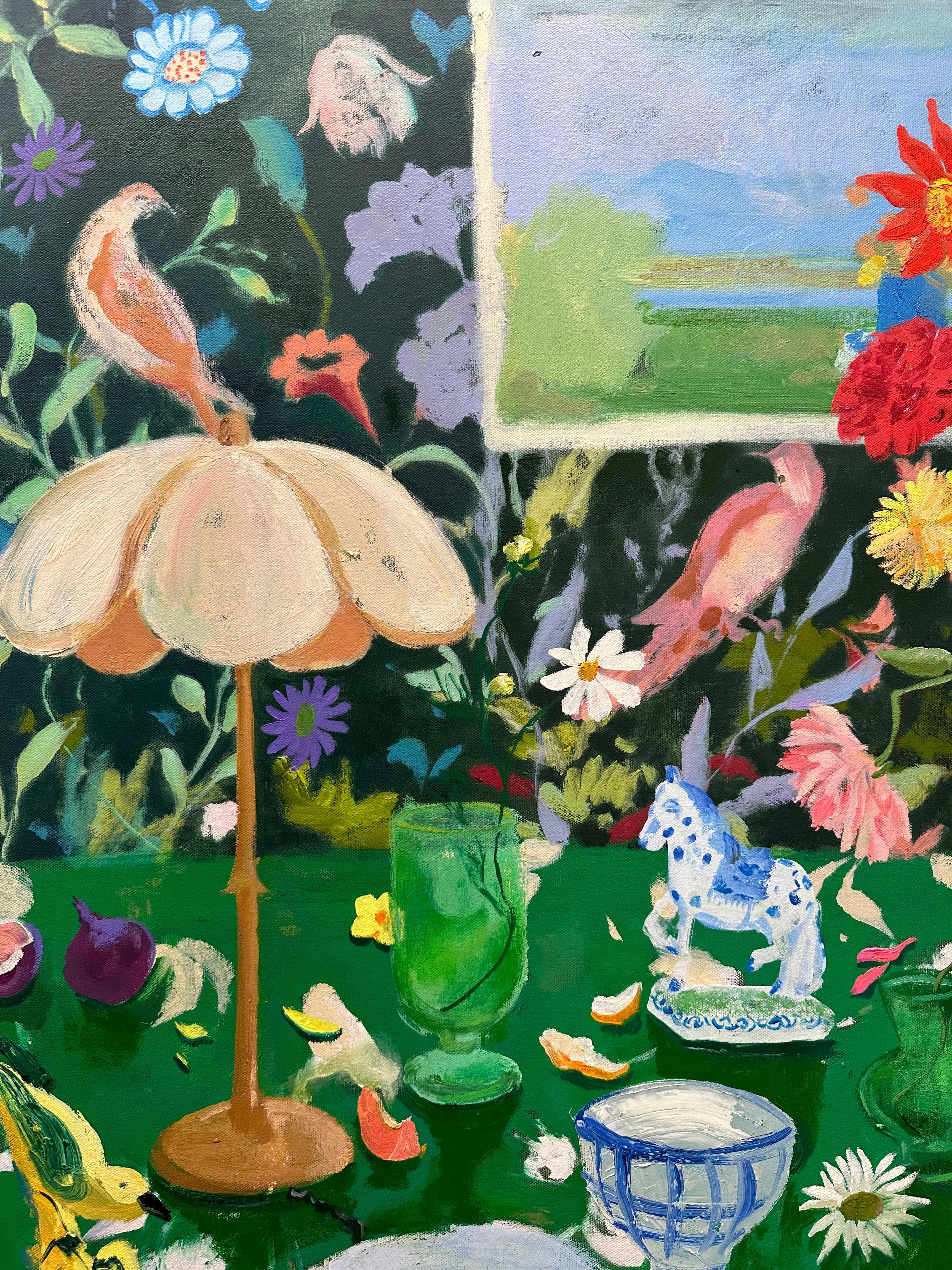 Uccelli e cucchiai - Natura morta botanica Greene & Greene Dahlia Flowers Tea Fruit, 2024 - Painting Contemporaneo di Melanie Parke