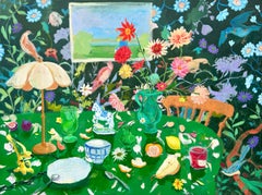Oiseaux et cuillères - Nature morte botanique verte Dahlia Fleurs Thé Fruits, 2024