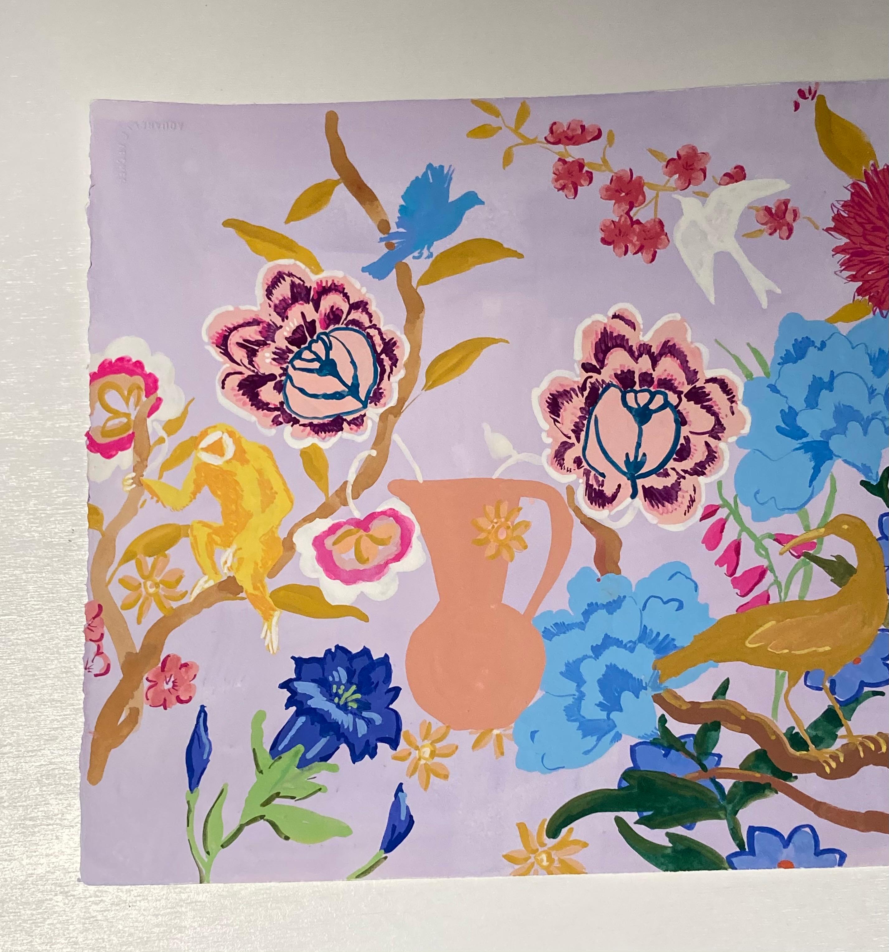 In this painting in gouache on paper, a gold monkey with blue, white and yellow birds are surrounded by brightly colored flowers and a peach urn in a lively garden scene. Signed on verso.

Melanie Parke filters and reconstructs pastoral and bucolic