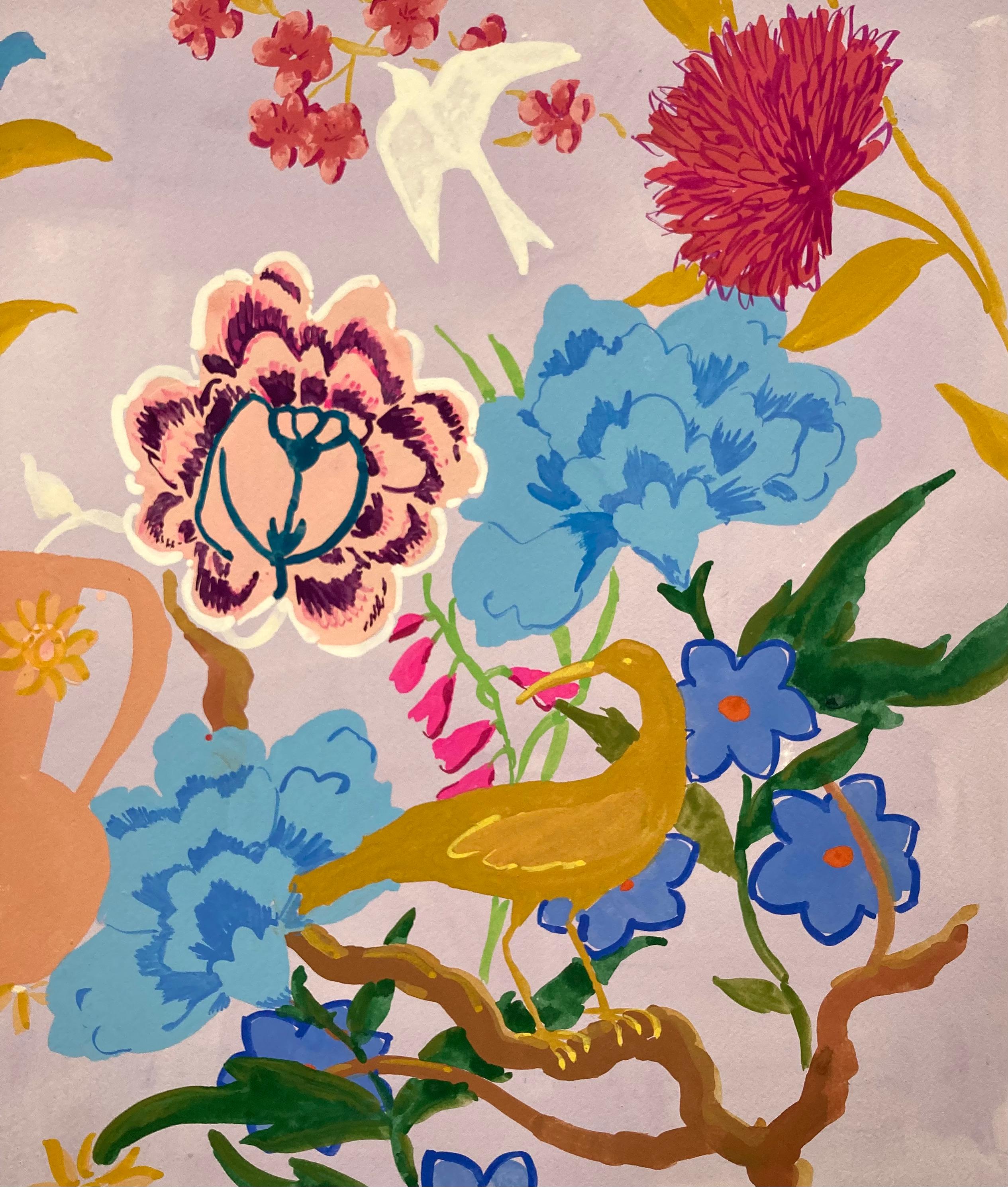 Blue Amber - Gouache Botanical Painting Flowers Birds Monkey Garden Lilac, 2021 For Sale 3