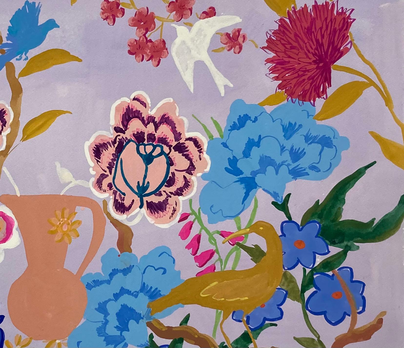 Blue Amber - Gouache Botanical Painting Flowers Birds Monkey Garden Lilac, 2021 For Sale 5