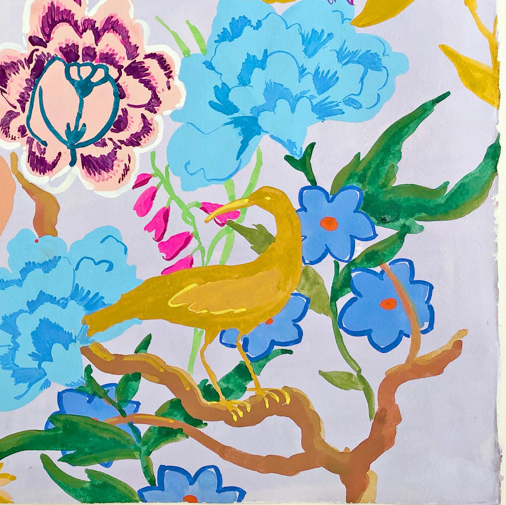 Blau Bernstein, Gelb, Rosa, Botanische Malerei, Blumen, Vögel, Affe, Garten im Angebot 1