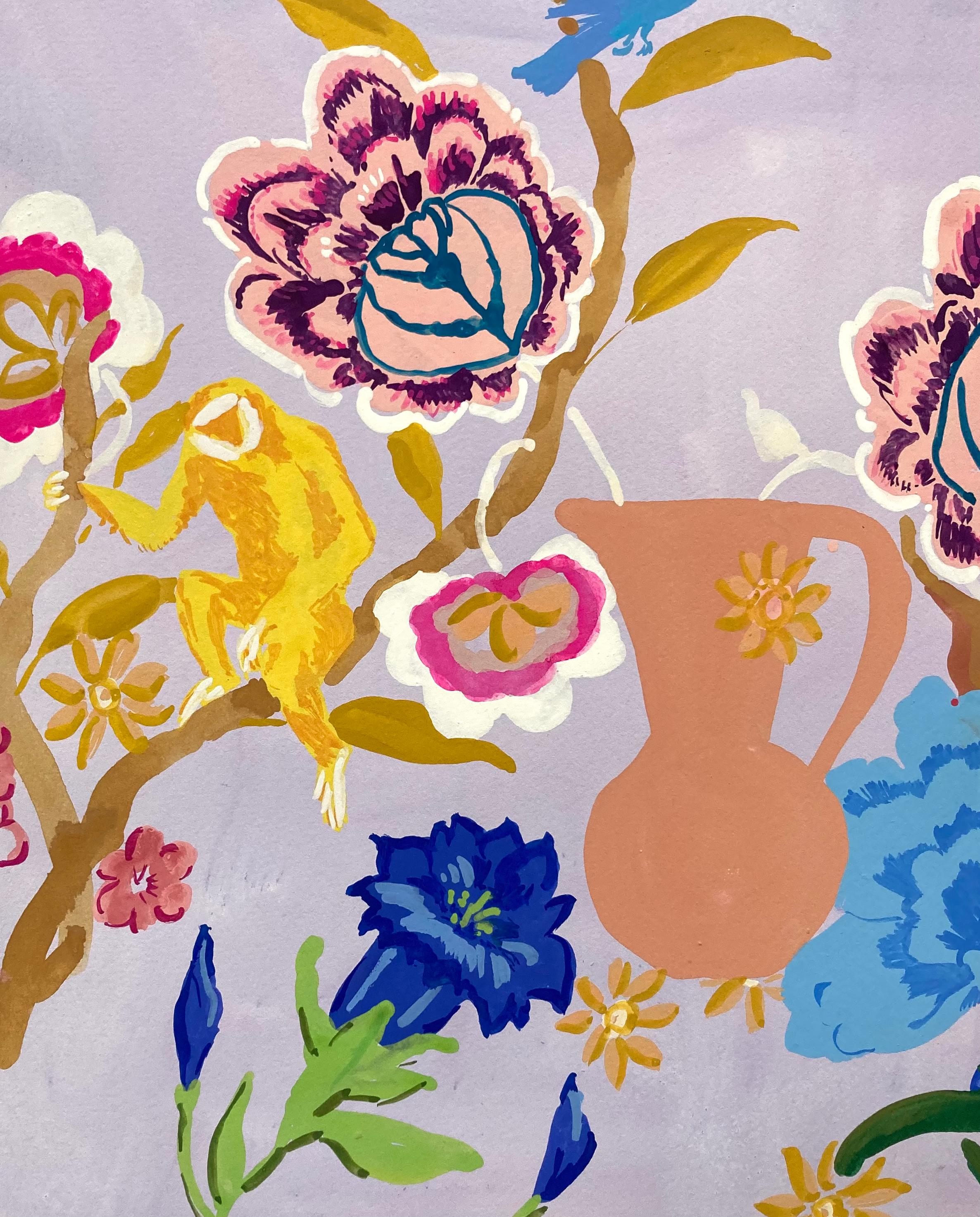 Bleu Ambre, Jaune, Rose, Peinture botanique, Fleurs, Oiseaux, Singe, Jardin en vente 4