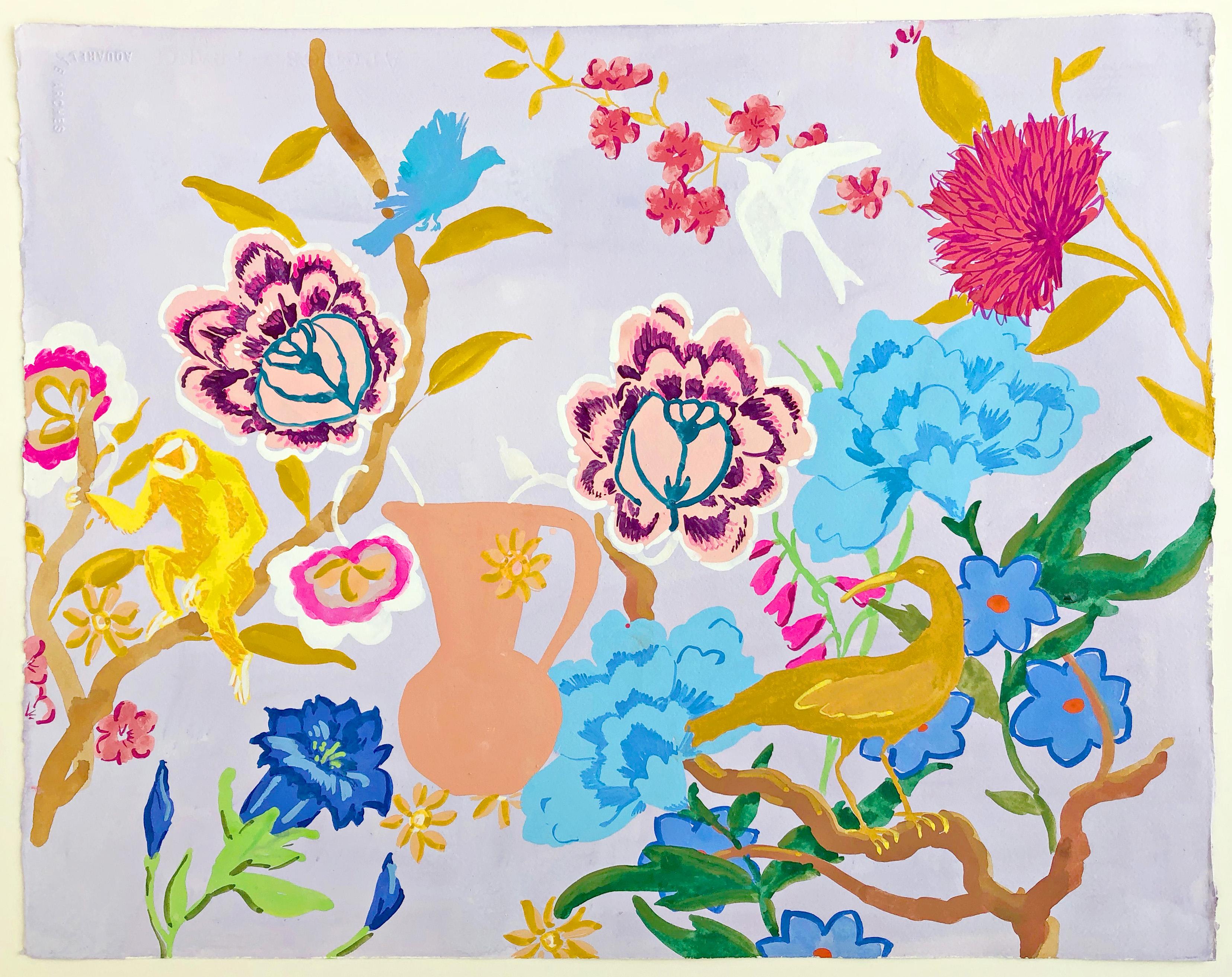Melanie Parke Landscape Painting – Blau Bernstein, Gelb, Rosa, Botanische Malerei, Blumen, Vögel, Affe, Garten
