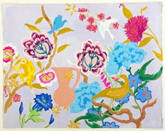 Bleu Ambre, Jaune, Rose, Peinture botanique, Fleurs, Oiseaux, Singe, Jardin