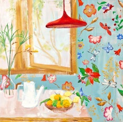 "Blue Dane" Matisse-like Interior with Window/FruitFlowers/ Bright Blue/Red/Pink