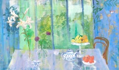 Blue Jasmine, Botanical Still Life, Interior, White Lilies, Yellow Fruit, Table