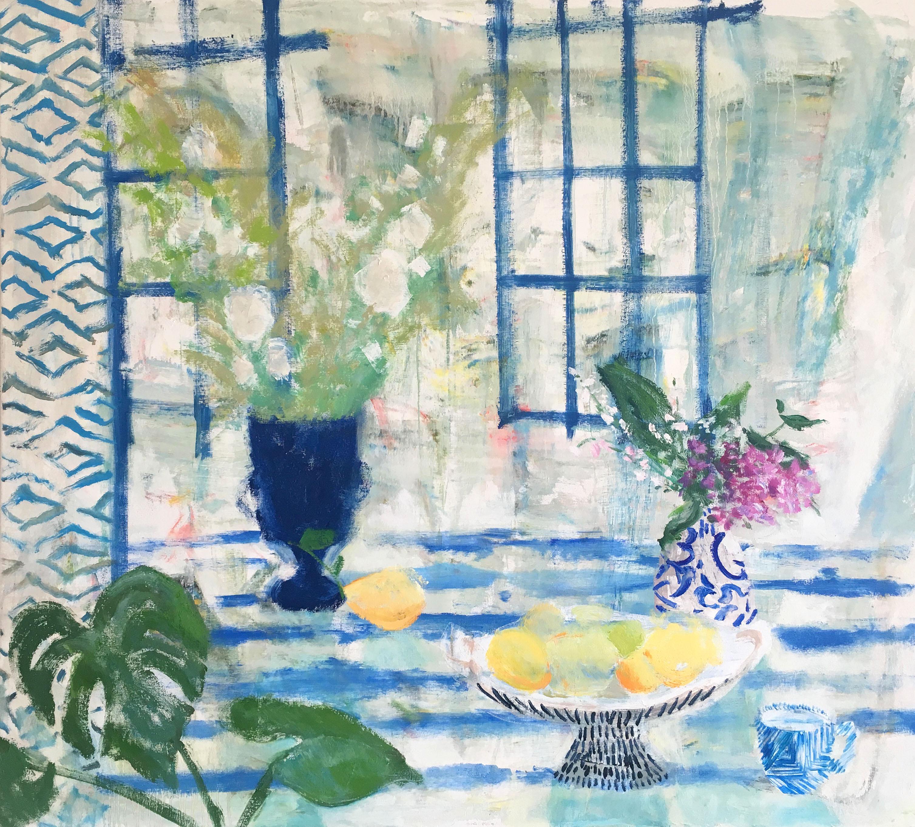 Melanie Parke Interior Painting - Blue Urn, Interior Still Life, Window and Table with Lemons, Lilac, Blue Vase
