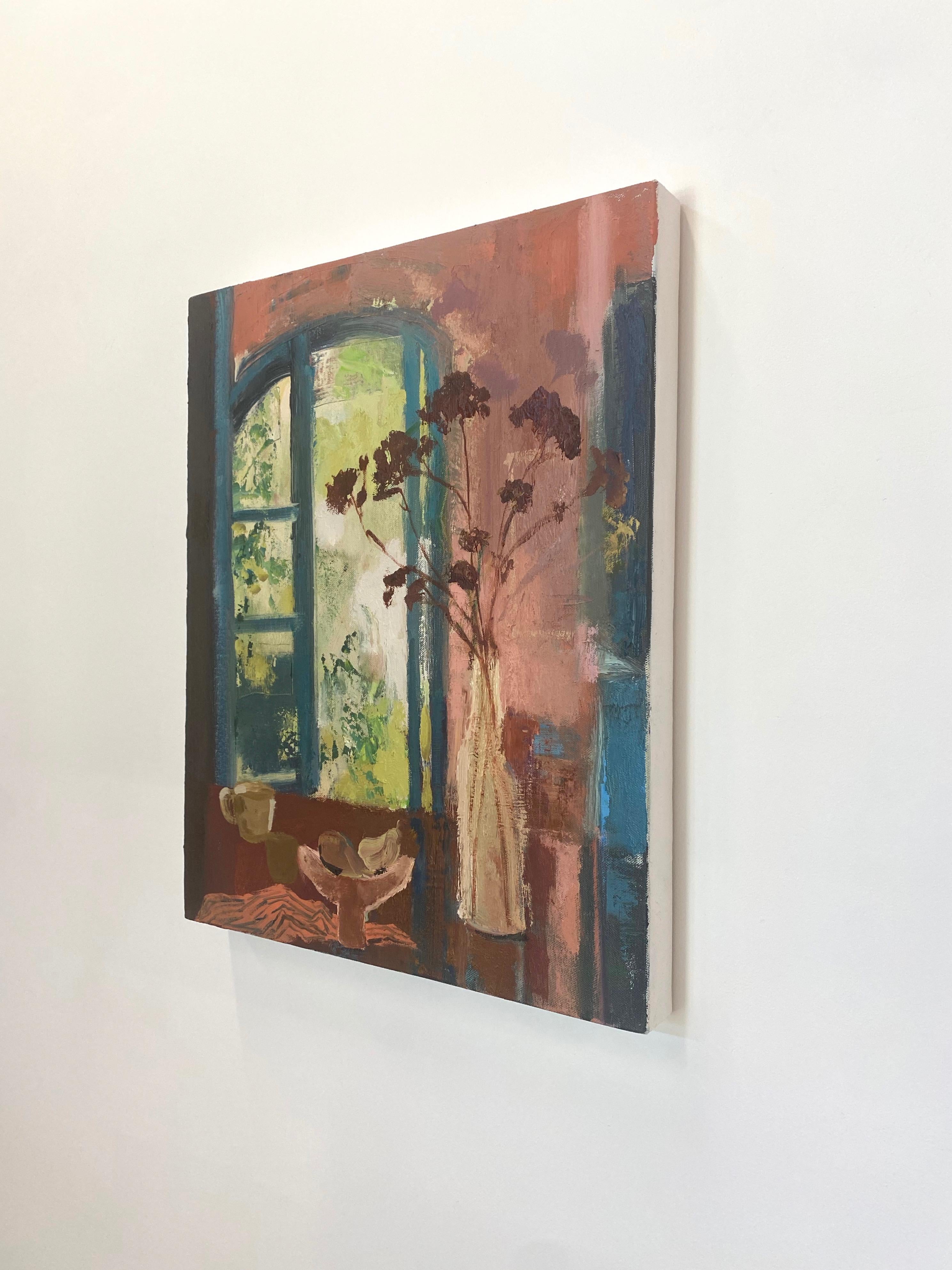 Borgo, Pintura Naturaleza Muerta, Flores Rojo Oscuro, Coral Ventana Abierta, Fruta 6