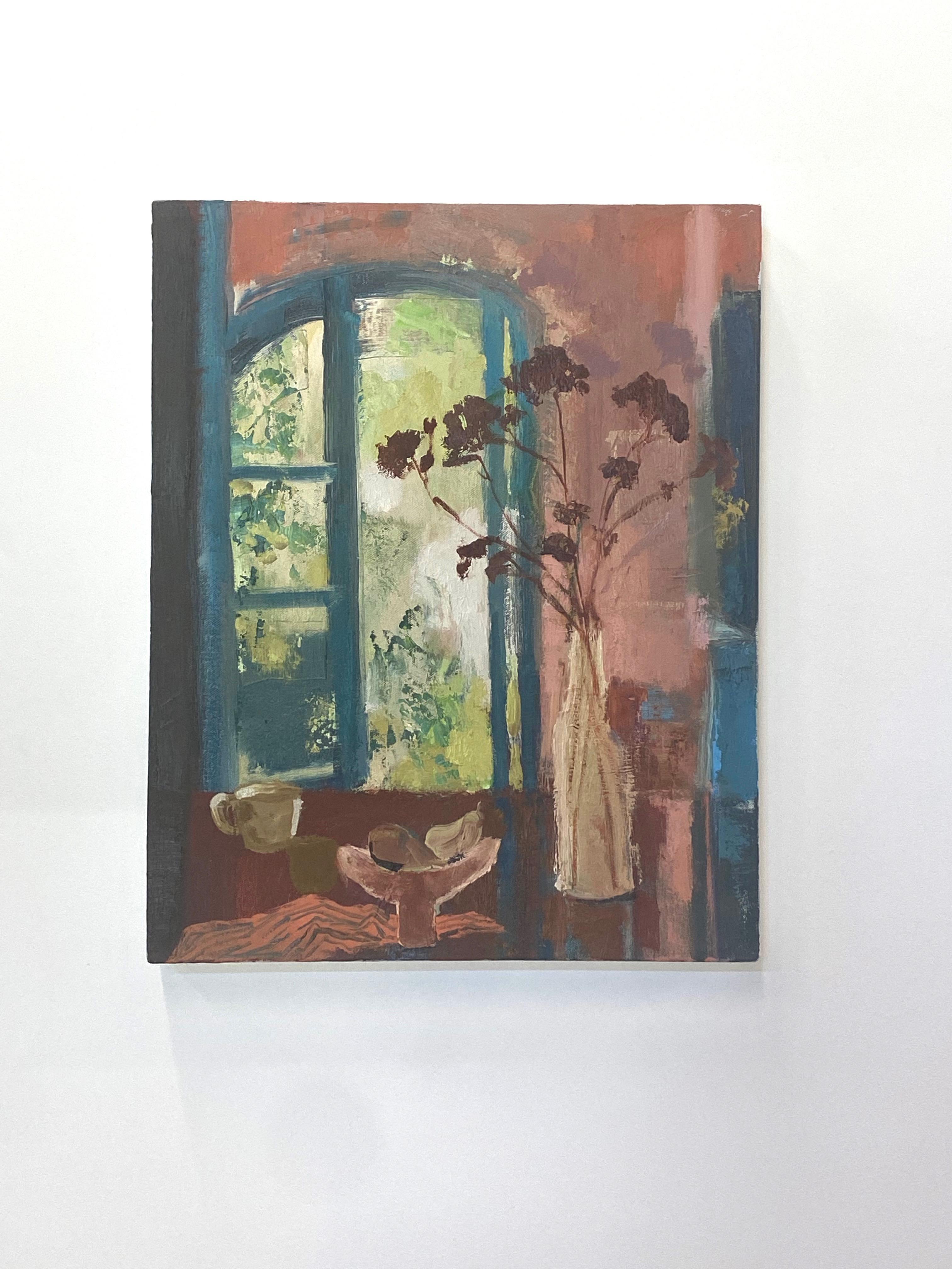 Borgo, Pintura Naturaleza Muerta, Flores Rojo Oscuro, Coral Ventana Abierta, Fruta - Painting de Melanie Parke