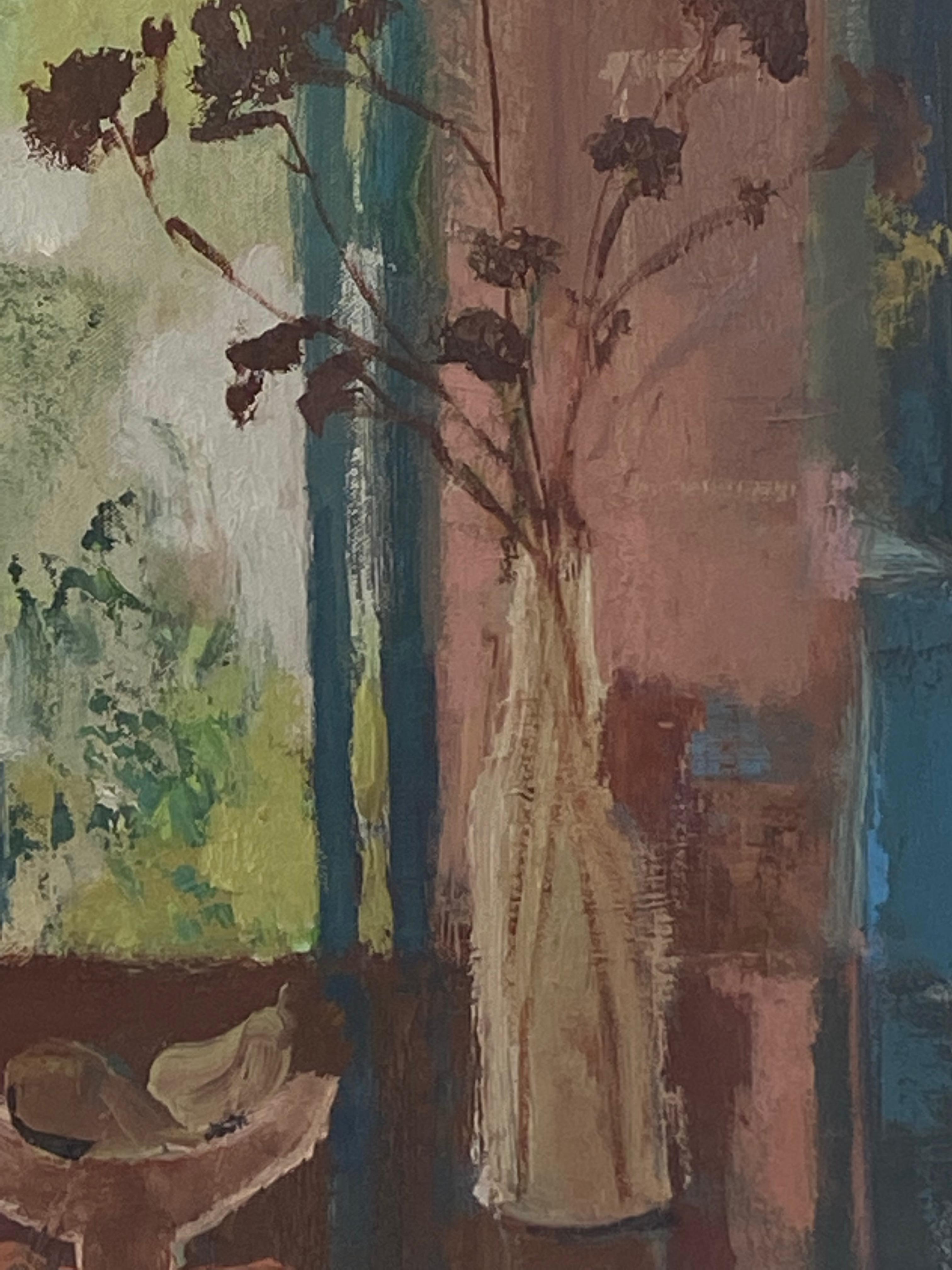 Borgo, Pintura Naturaleza Muerta, Flores Rojo Oscuro, Coral Ventana Abierta, Fruta 1