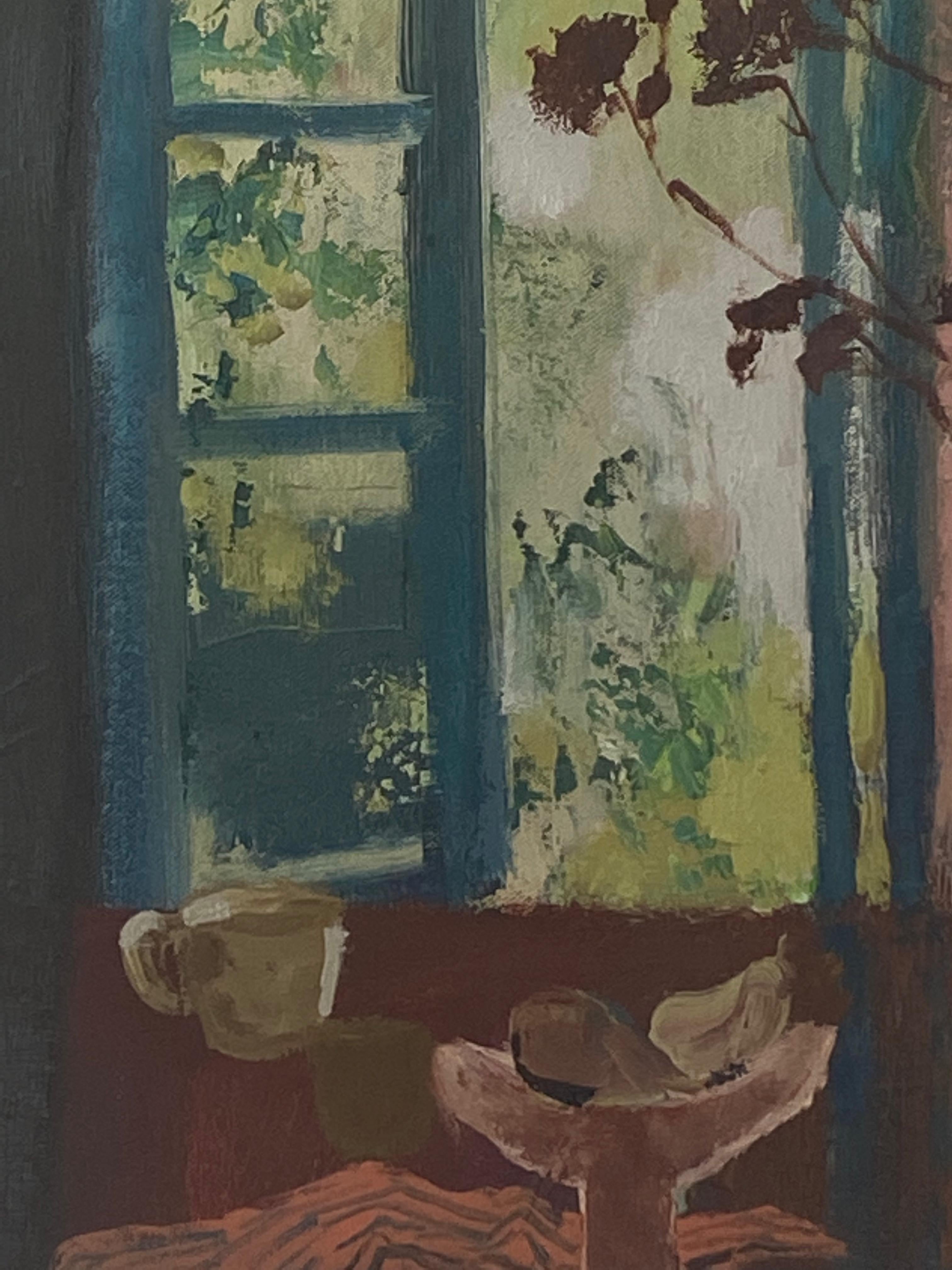 Borgo, Pintura Naturaleza Muerta, Flores Rojo Oscuro, Coral Ventana Abierta, Fruta 2