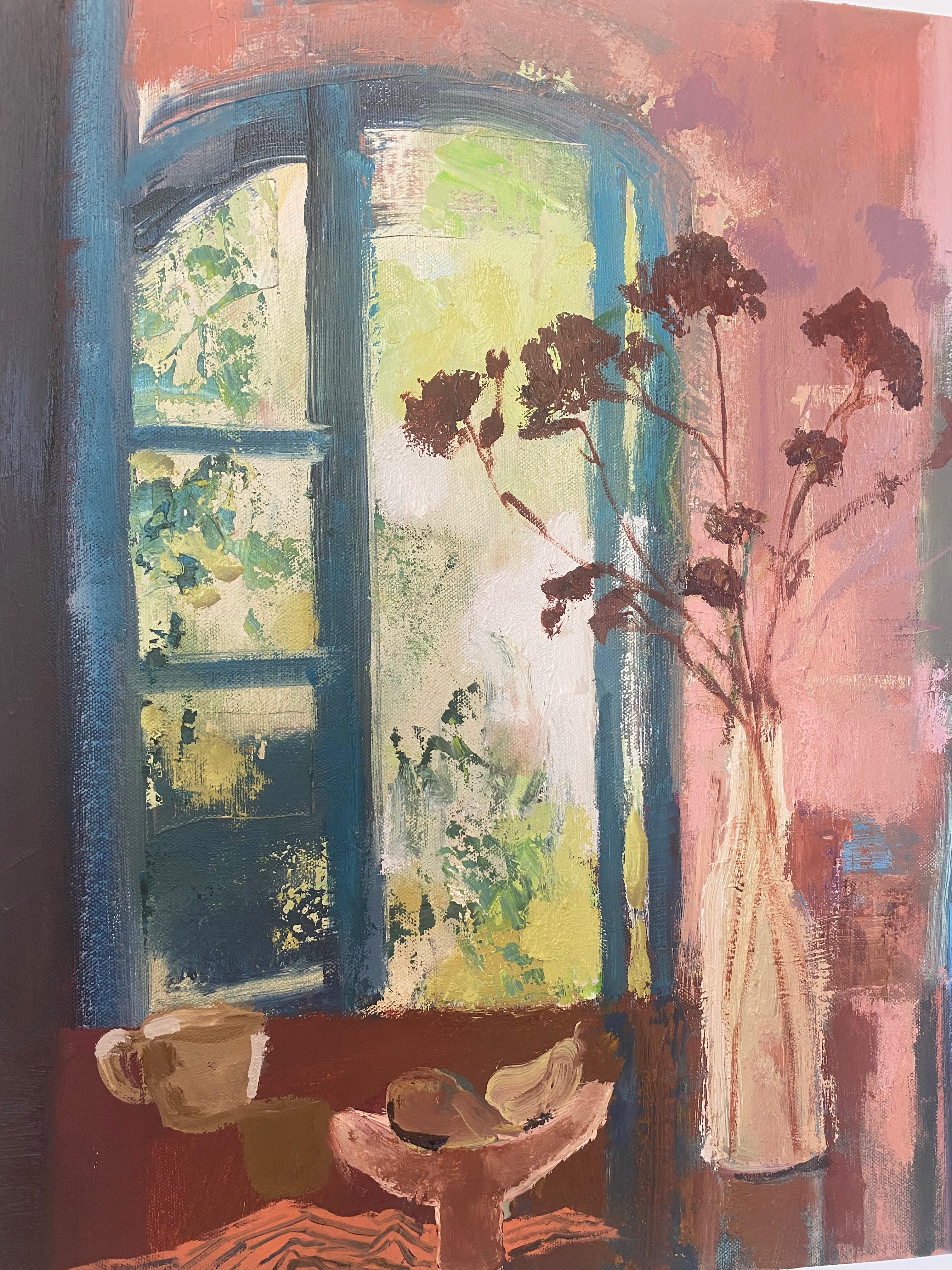 Borgo, Pintura Naturaleza Muerta, Flores Rojo Oscuro, Coral Ventana Abierta, Fruta 3