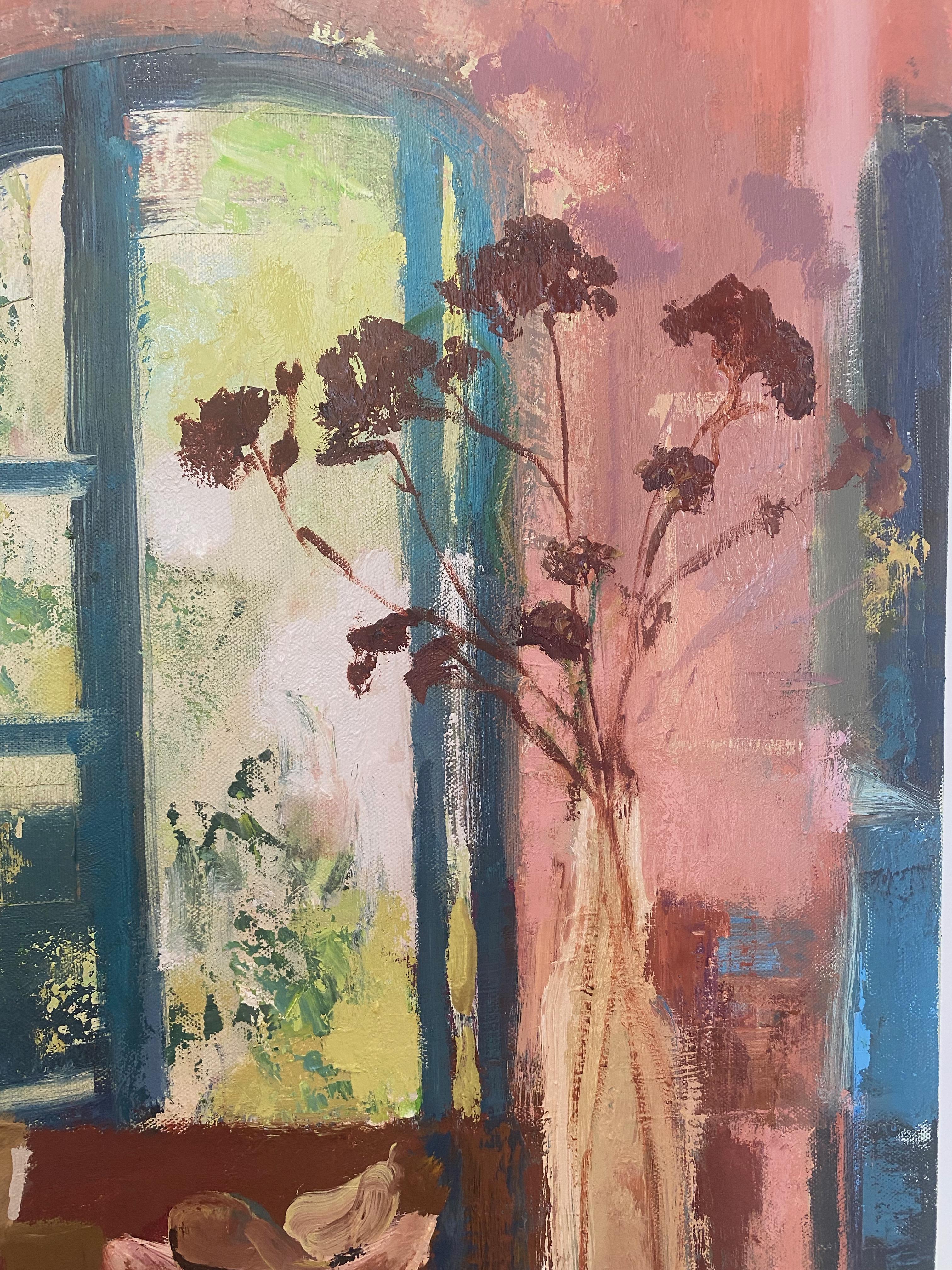 Borgo, Pintura Naturaleza Muerta, Flores Rojo Oscuro, Coral Ventana Abierta, Fruta 4
