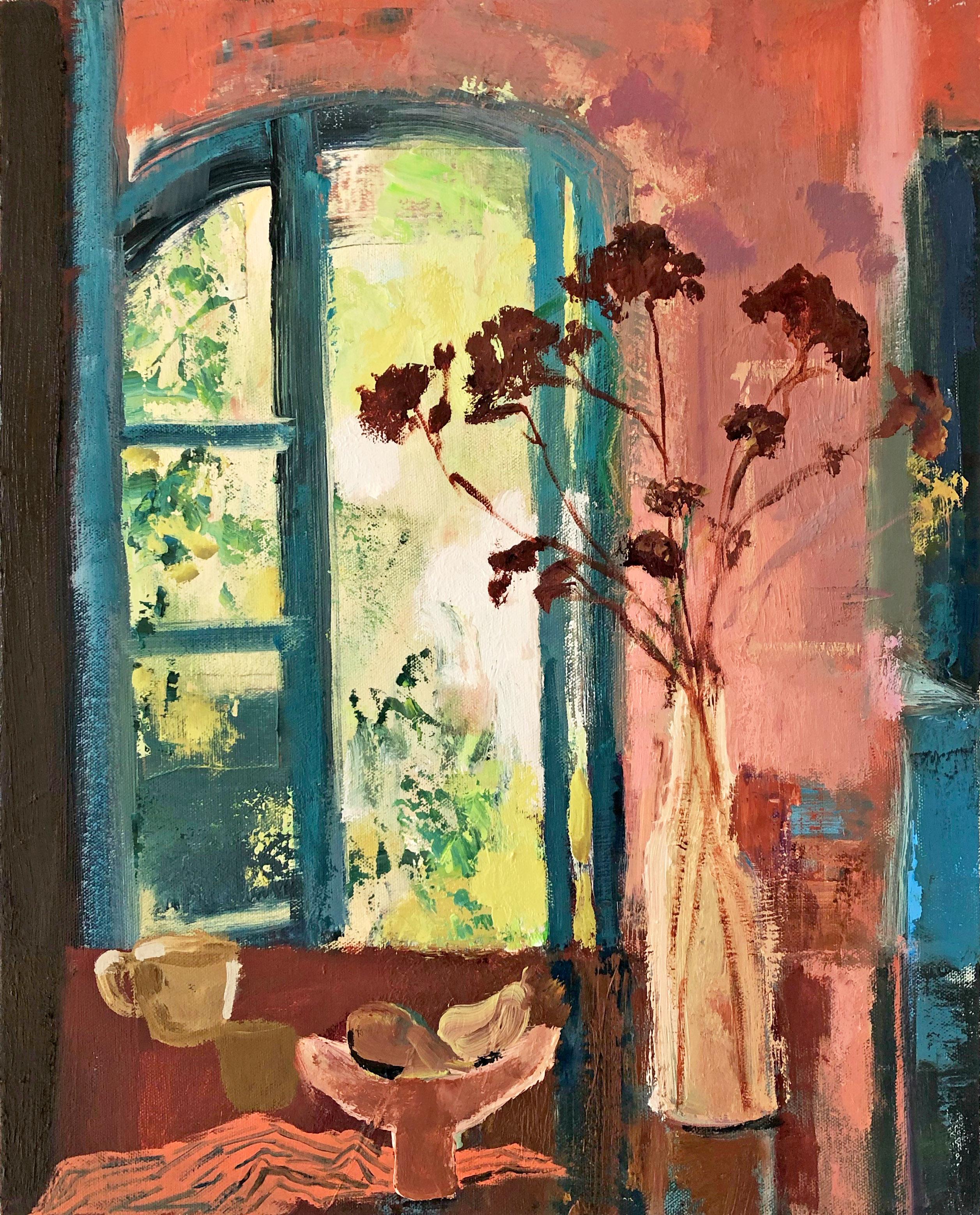 Melanie Parke Still-Life Painting - Borgo, Fruit, Dark Red Flowers, Open Window Coral, Salmon Dining Room Interior