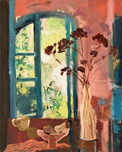Borgo, Still Life Painting, Dark Red Flowers, Open Window Coral, Fruit