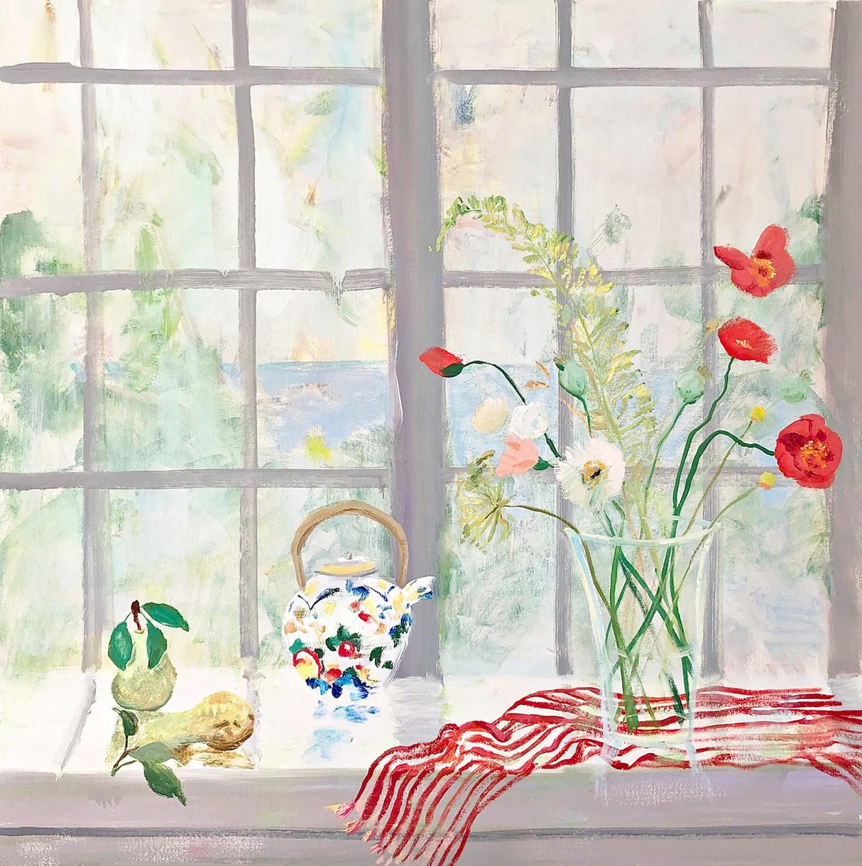 "Chamomile Tea" Light Filled Interior /Still Life, Window, Pale Gray, Red, Blue 