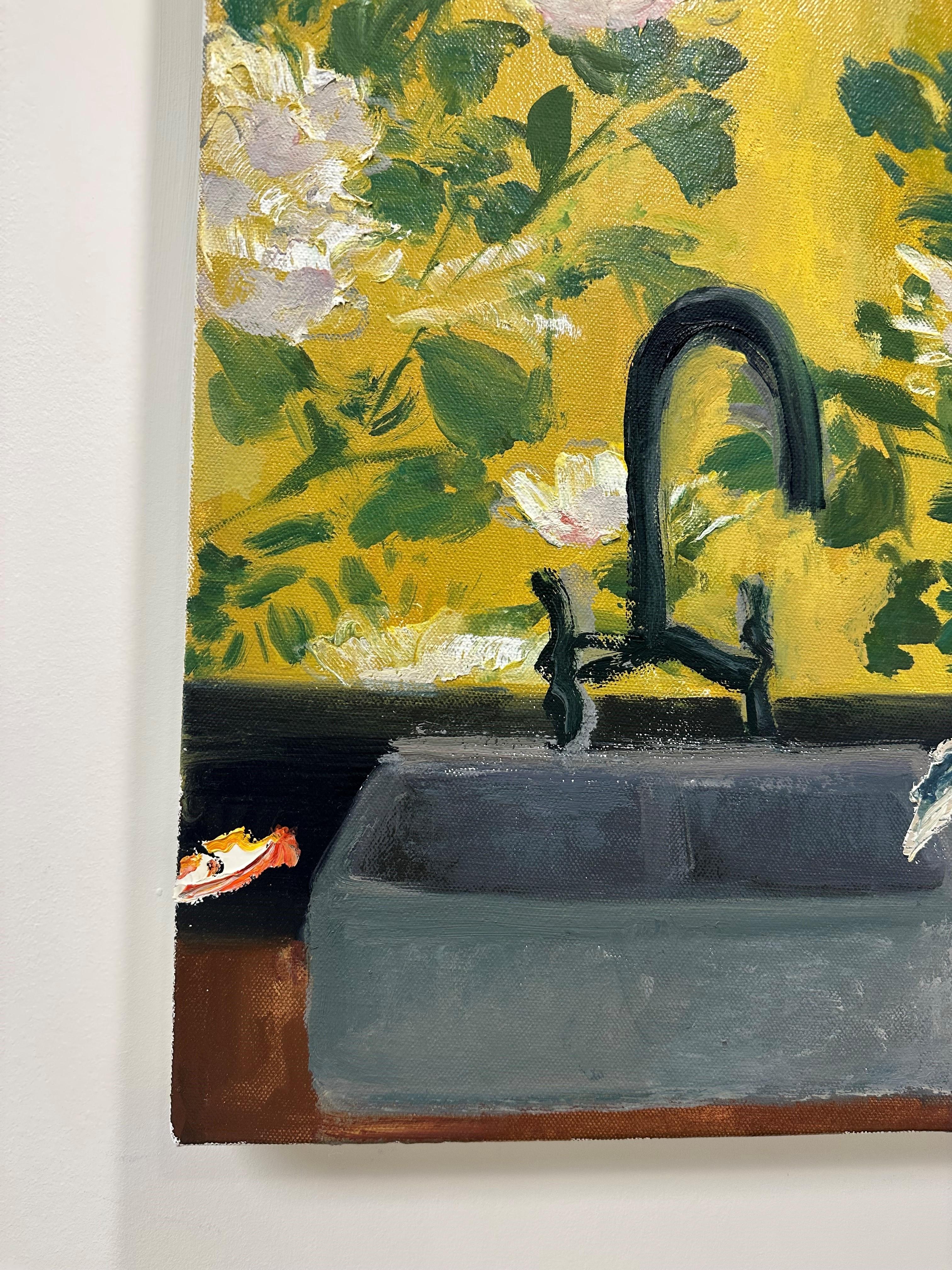 Citrus Oil, Green, White Flowers Yellow Botanical, Orange Fruit, Kitchen Sink - Contemporary Painting by Melanie Parke