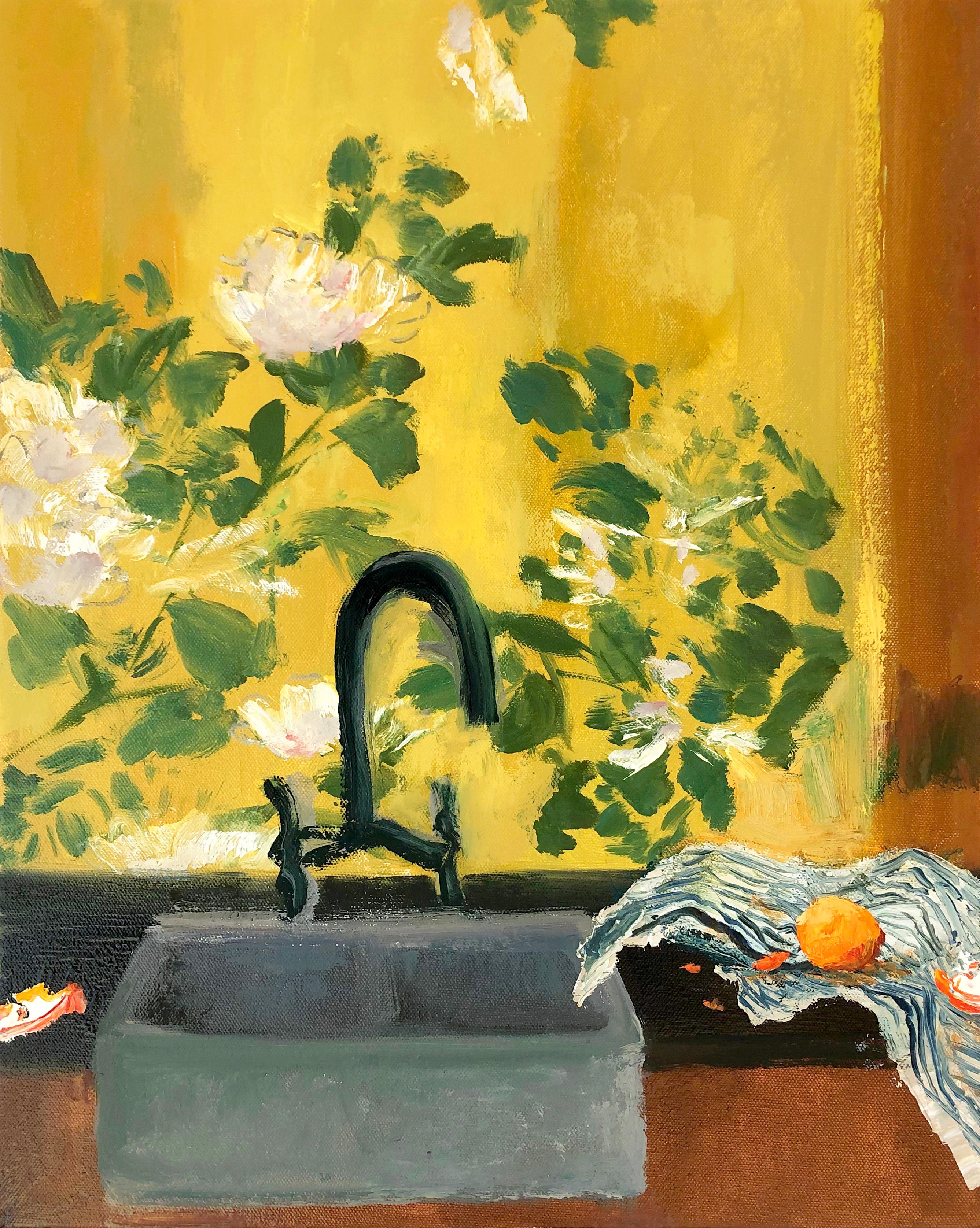 Melanie Parke Interior Painting - Citrus Oil, Green, White Flowers Yellow Botanical, Orange Fruit, Kitchen Sink