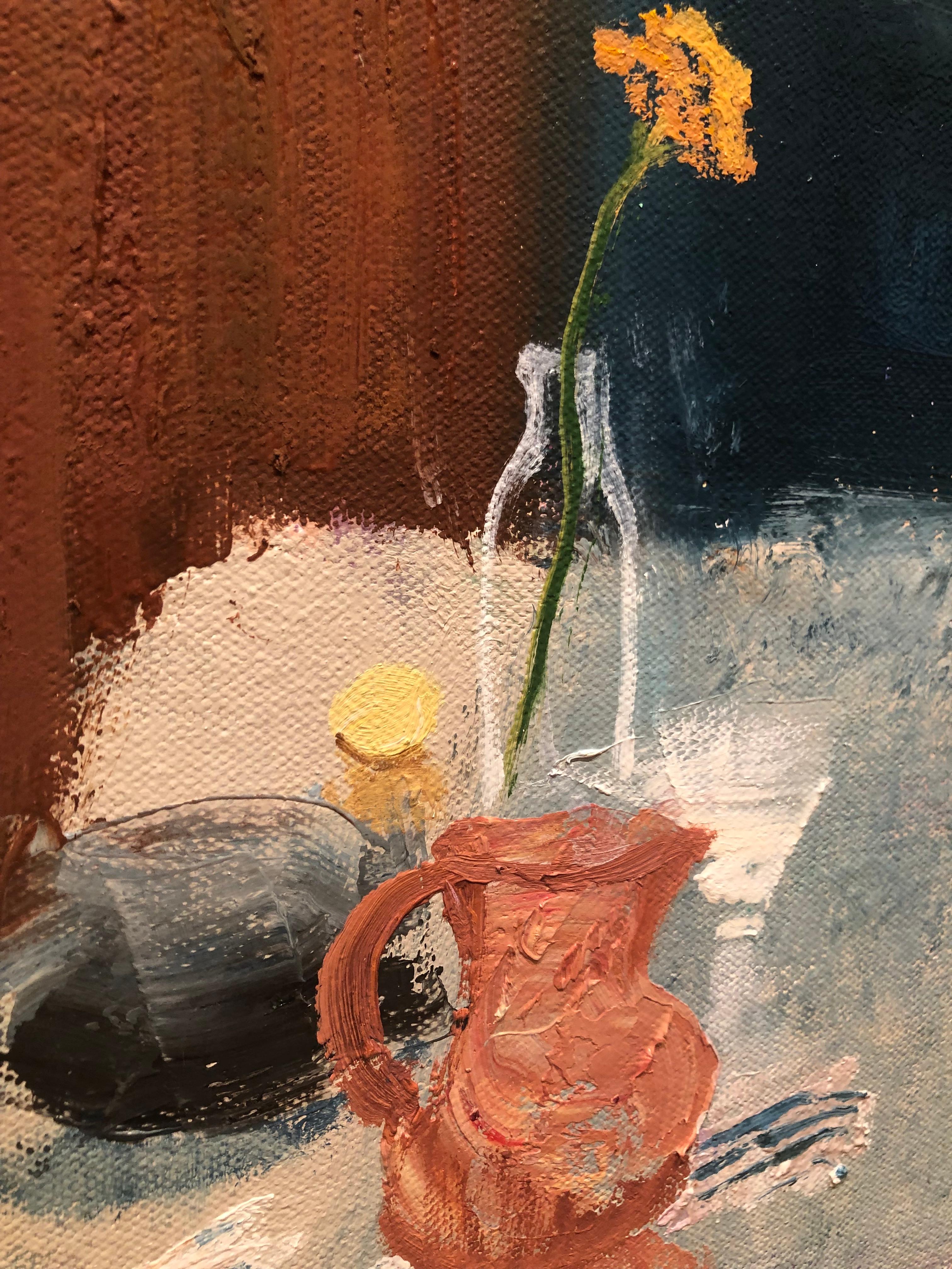 Melanie Parke’s latest selection of still lifes looks at quotidian interiors and imbues them with magic. All of the elements of the still life are present: a stem in glimmering glass, the casual fold of a table cloth or napkin, or a scatter of