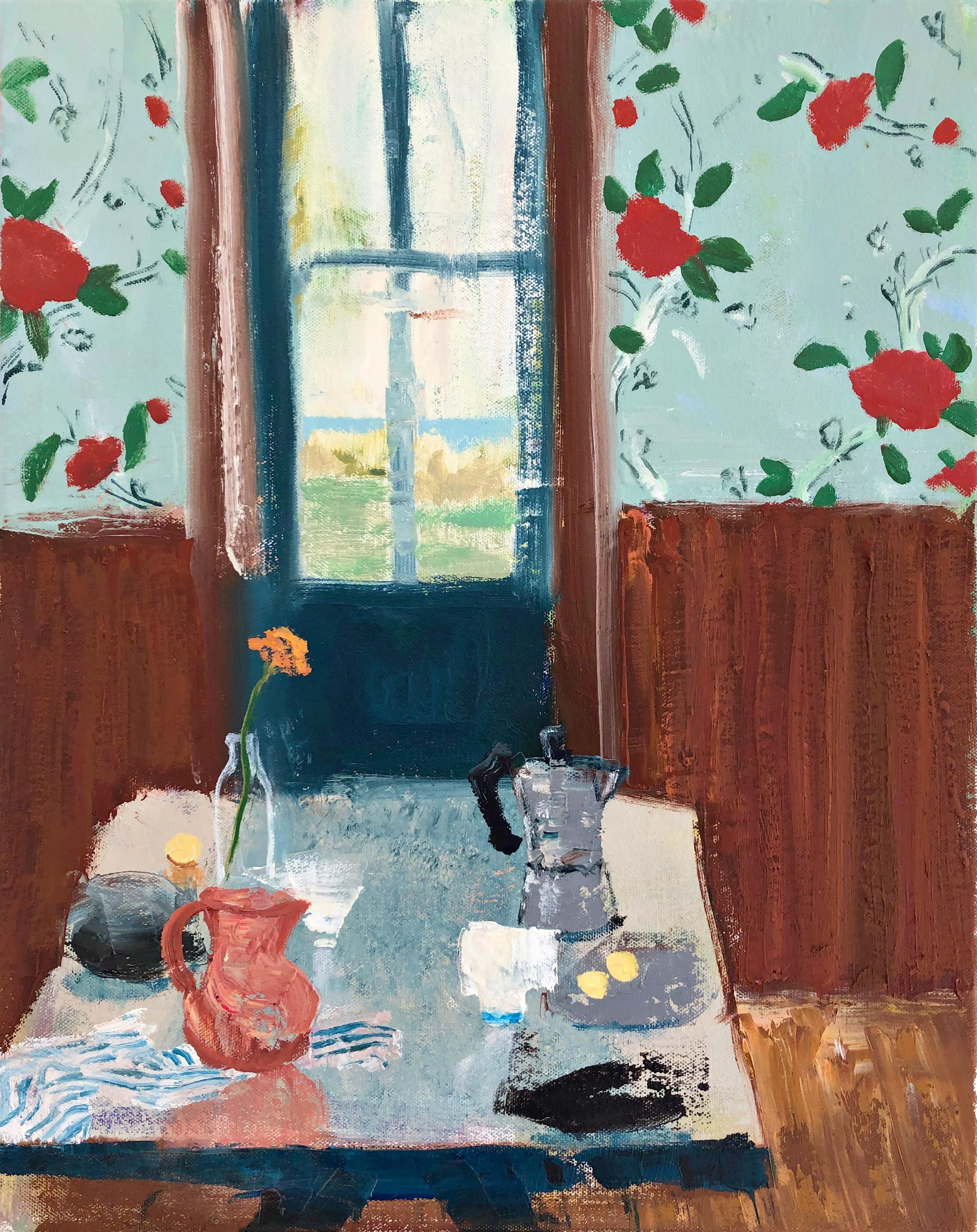 Melanie Parke Still-Life Painting - Copenhagen Coffee, impressionist interior and still life painting