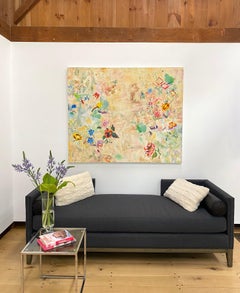 Crochet, Large Horizontal Abstract Painting, Peach, Blue, Yellow, Pink Flowers