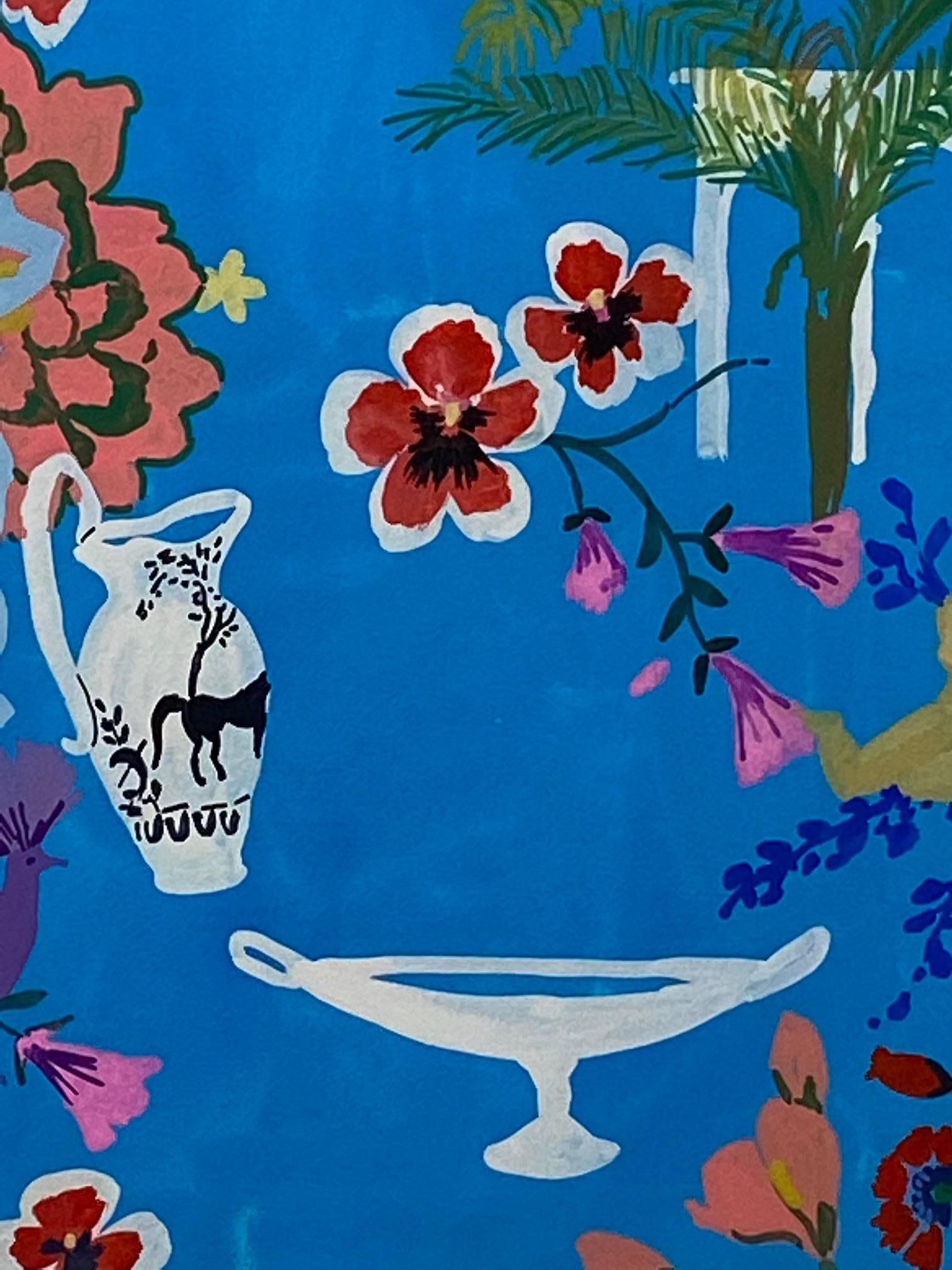 Crown Bird, Figurative Landscape Painting, Women, Birds, Flowers Palm Tree, Blue For Sale 6