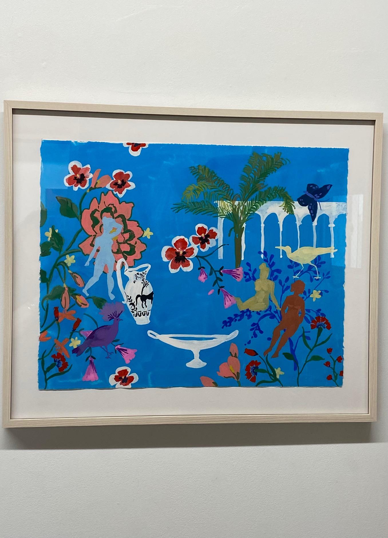 Crown Bird, Figurative Landscape Painting, Women, Birds, Flowers Palm Tree, Blue For Sale 10