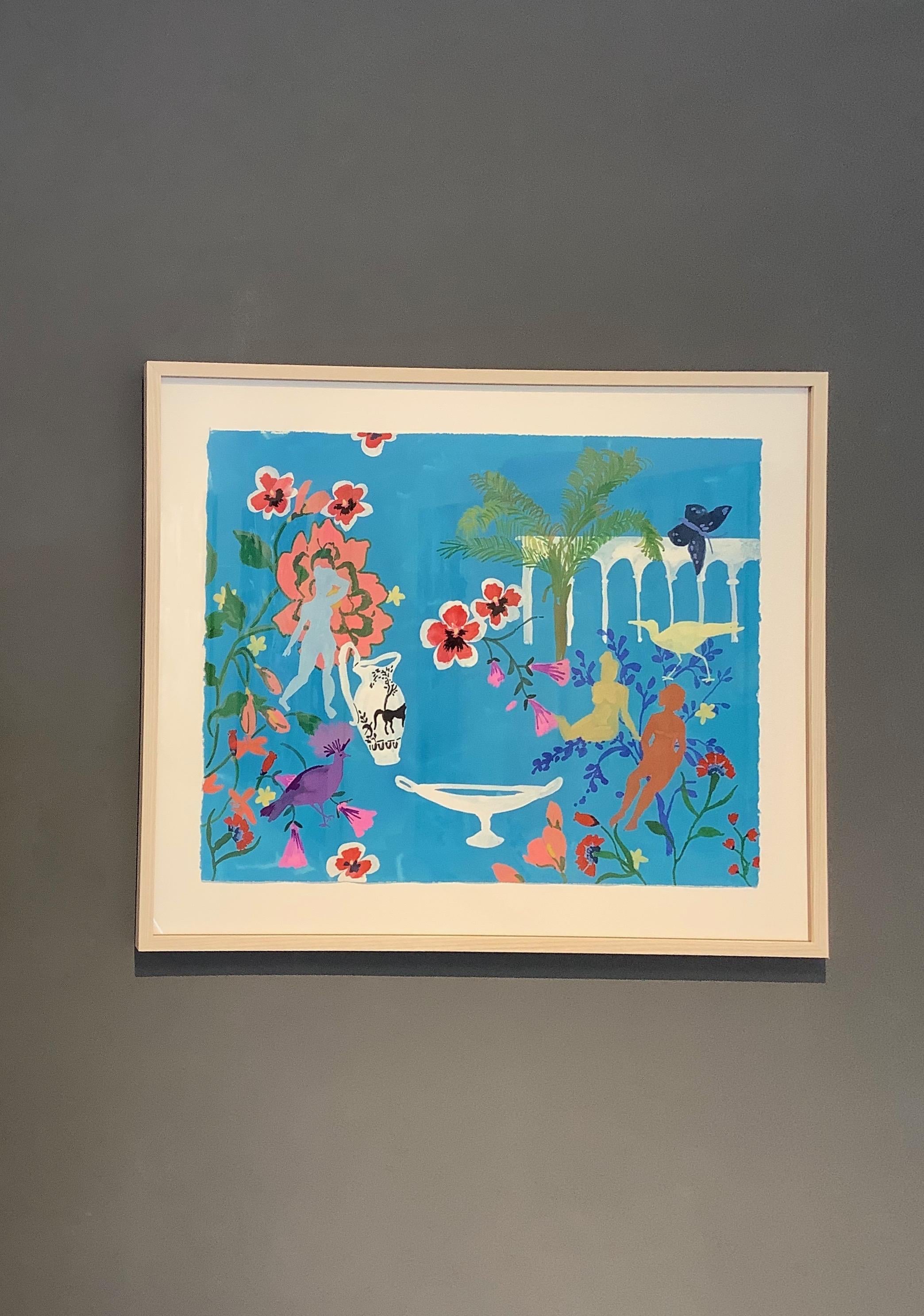 Kronenvogel, figuratives Landschaftsgemälde, Frauen, Vögel, Blumen, Palmen, Blau – Painting von Melanie Parke