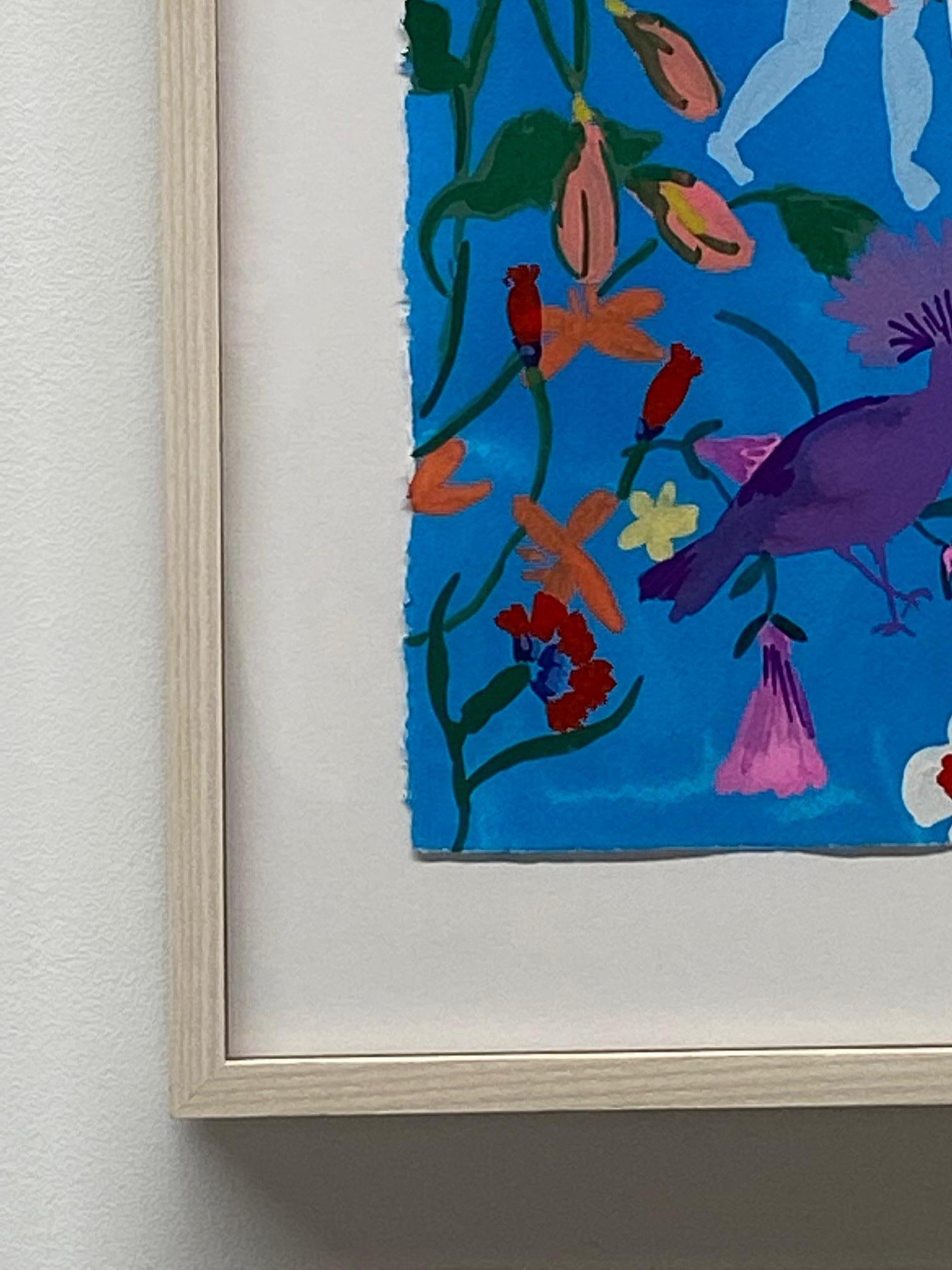 Crown Bird, Figurative Landscape Painting, Women, Birds, Flowers Palm Tree, Blue For Sale 1