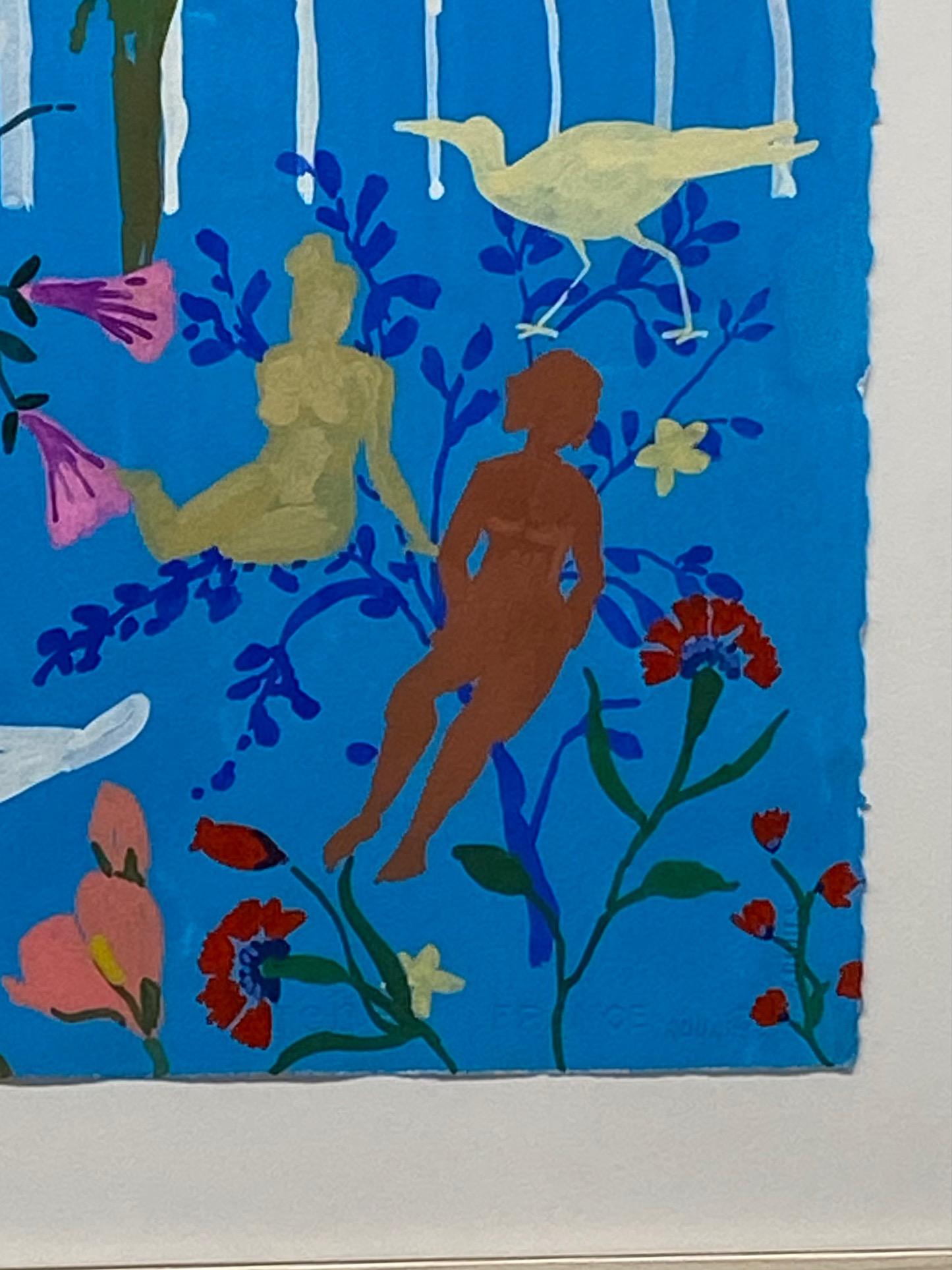 Crown Bird, Figurative Landscape Painting, Women, Birds, Flowers Palm Tree, Blue For Sale 2