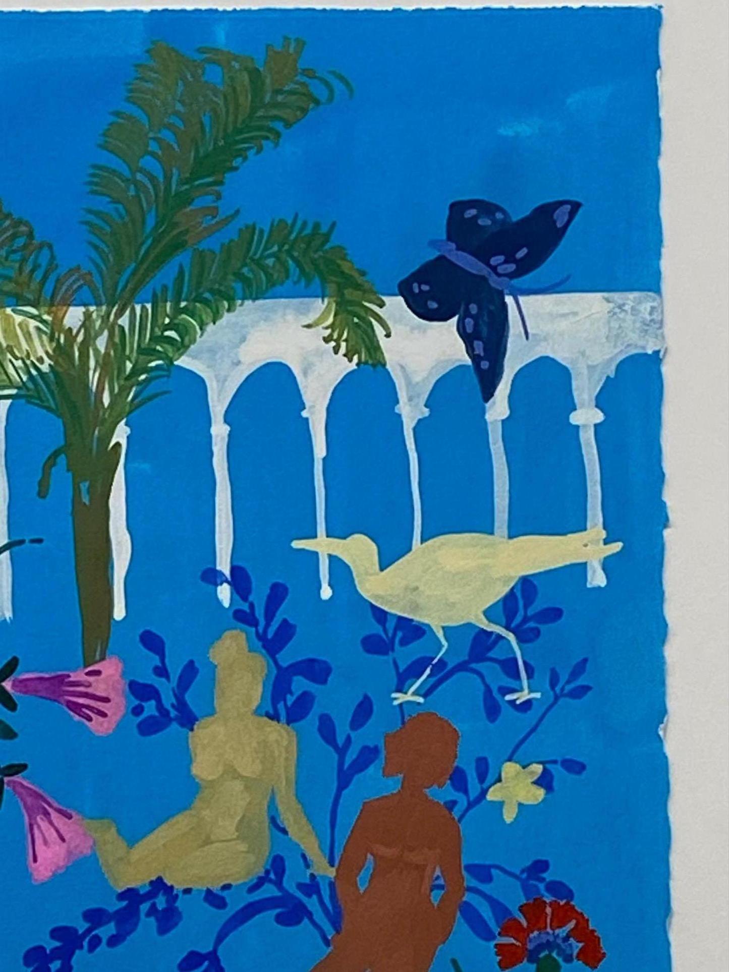 Crown Bird, Figurative Landscape Painting, Women, Birds, Flowers Palm Tree, Blue For Sale 5