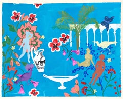 Crown Bird, Figurative Landscape Painting, Women, Birds, Flowers Palm Tree, Blue