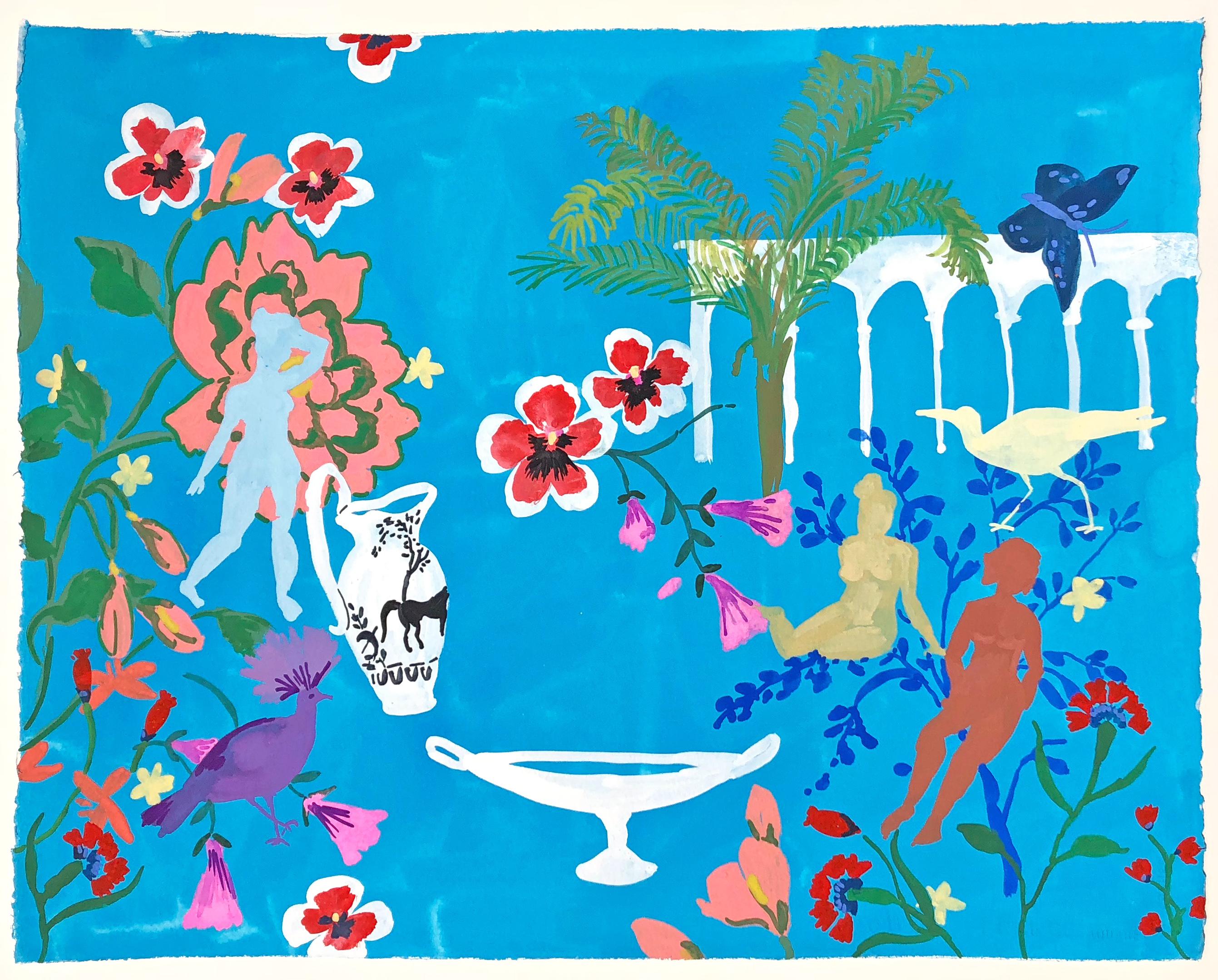 Kronenvogel, figuratives Landschaftsgemälde, Frauen, Vögel, Blumen, Palmen, Blau