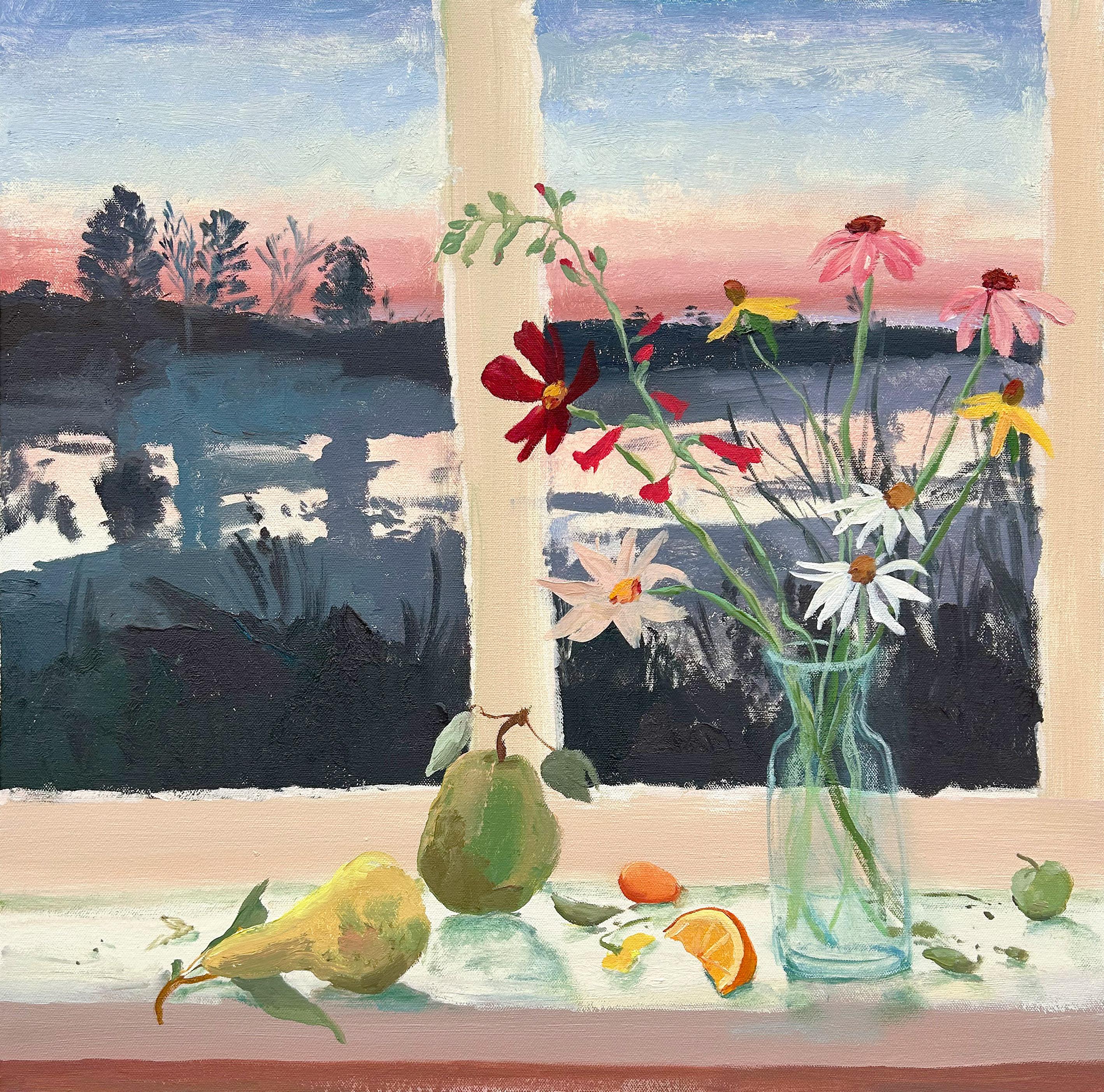 Melanie Parke Interior Painting - Daisies of the Moon, Yellow, White Flowers, Peach Pink Lake Sunset, Green Pears