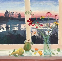 The Daisies of the Moon, Yellow, White Flowers, Peach Pink Lake Sunset, Green Pears