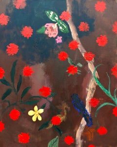 Dewy Wein, Rot-gelbe Blumen auf Mauve, Vögel im Baum, botanisches Vogelgemälde