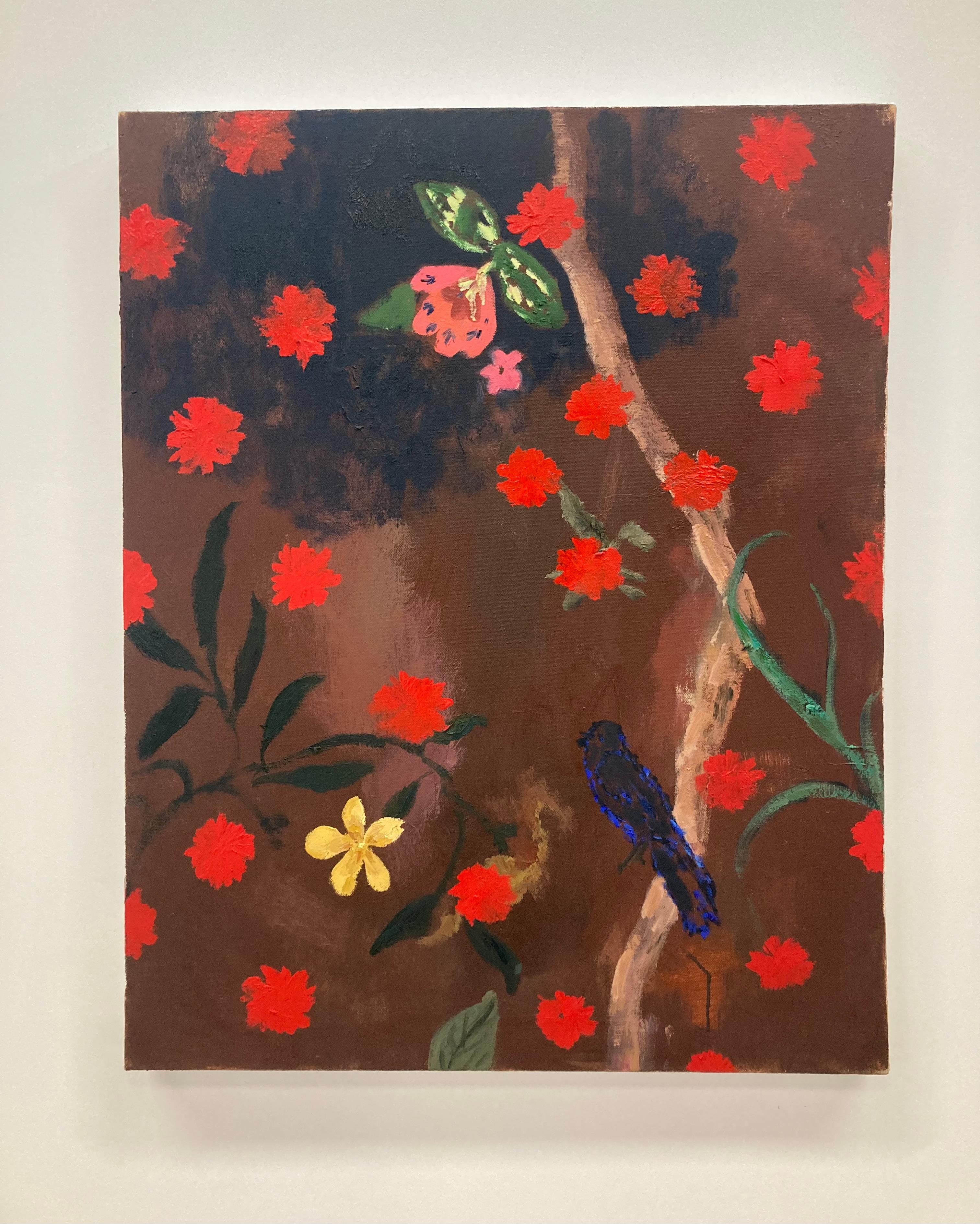 Dewy Wine - Red Yellow Flowers Tree Botanical Bird Mauve Painting, 2022 For Sale 8