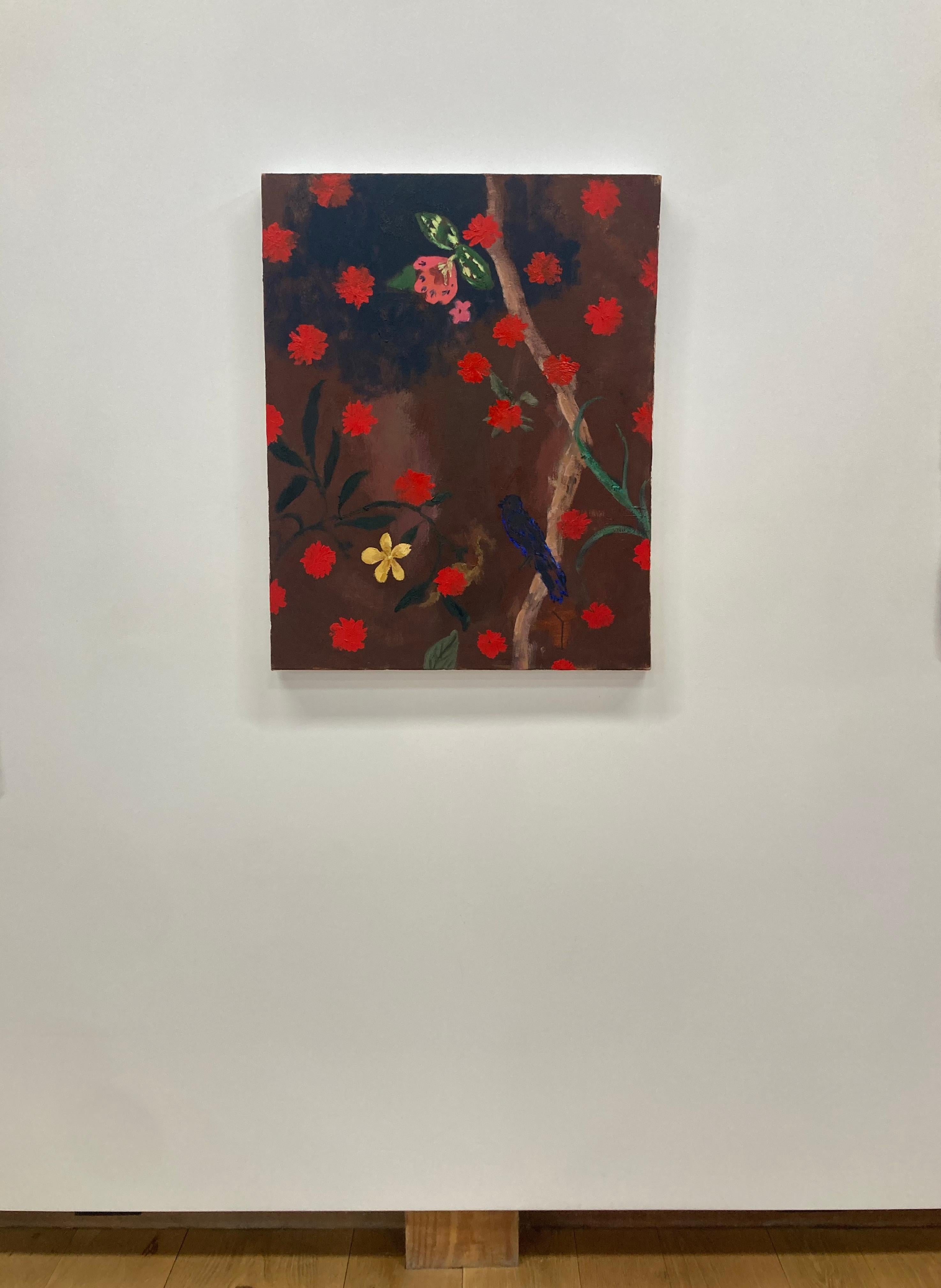 Dewy Wine - Red Yellow Flowers Tree Botanical Bird Mauve Painting, 2022 For Sale 9
