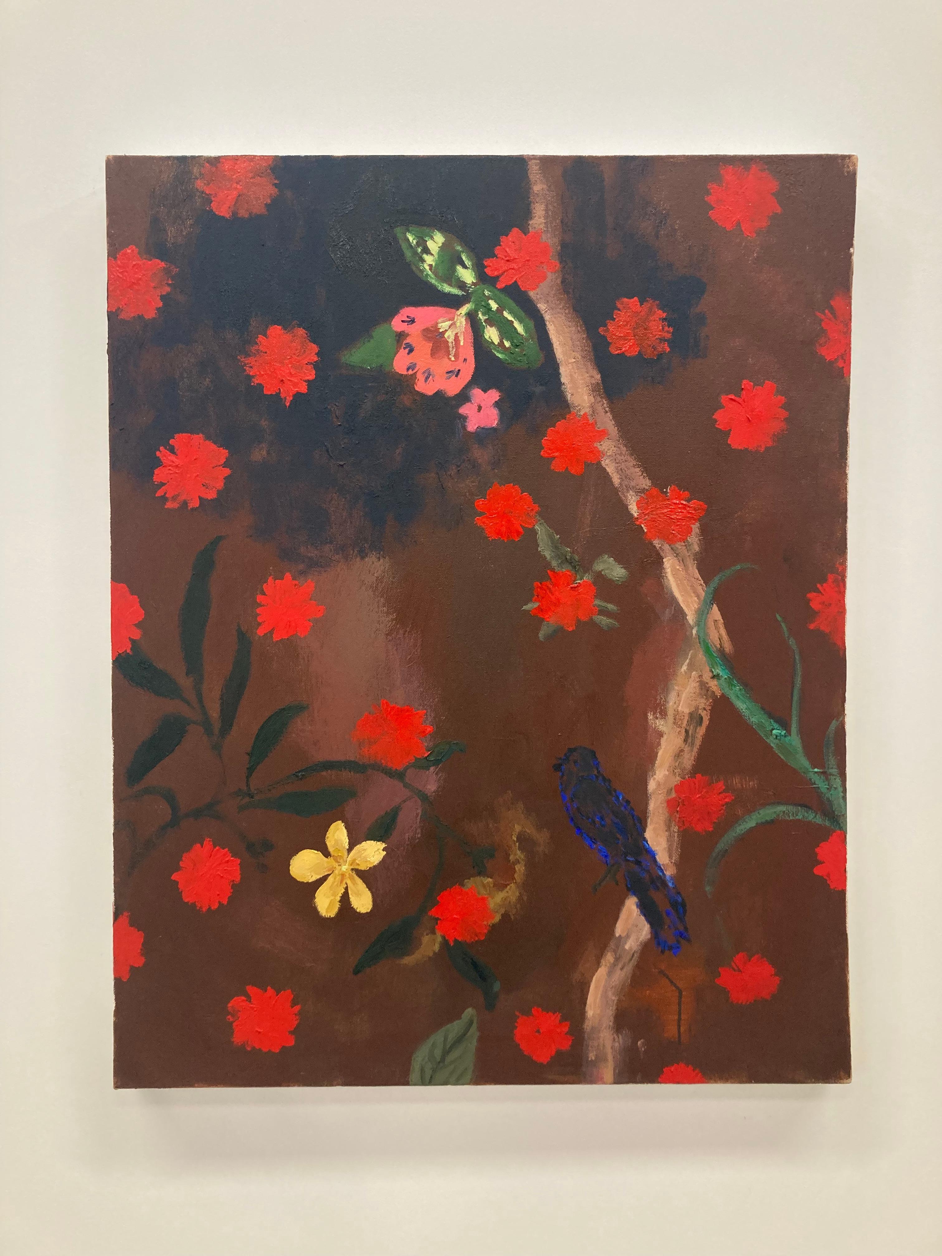 Dewy Wine - Red Yellow Flowers Tree Botanical Bird Mauve Painting, 2022 - Black Abstract Painting by Melanie Parke