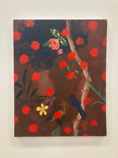 Dewy Wine - Red Yellow Flowers Tree Botanical Bird Mauve Painting, 2022