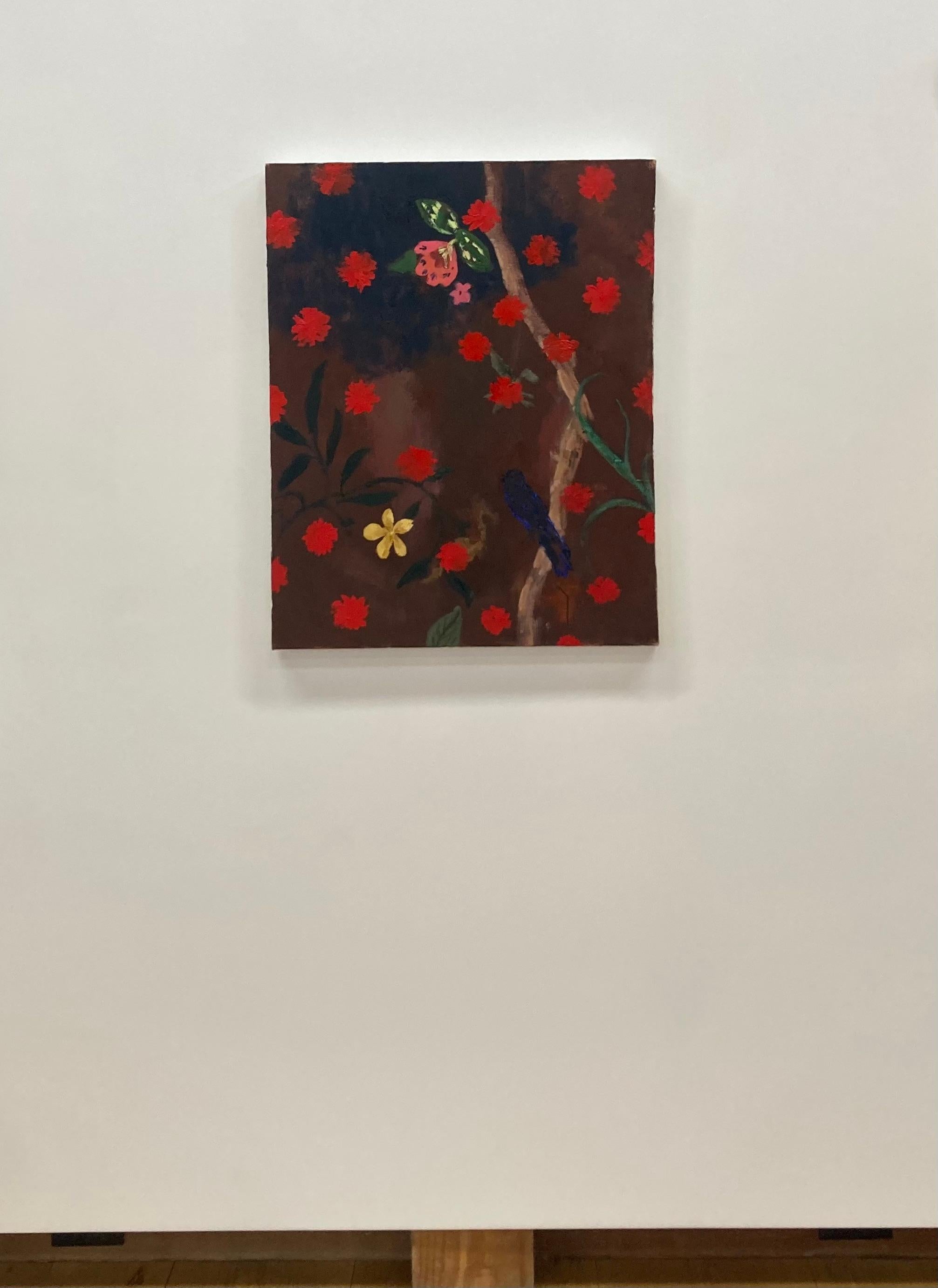 Dewy Wine - Red Yellow Flowers Tree Botanical Bird Mauve Painting, 2022 For Sale 1