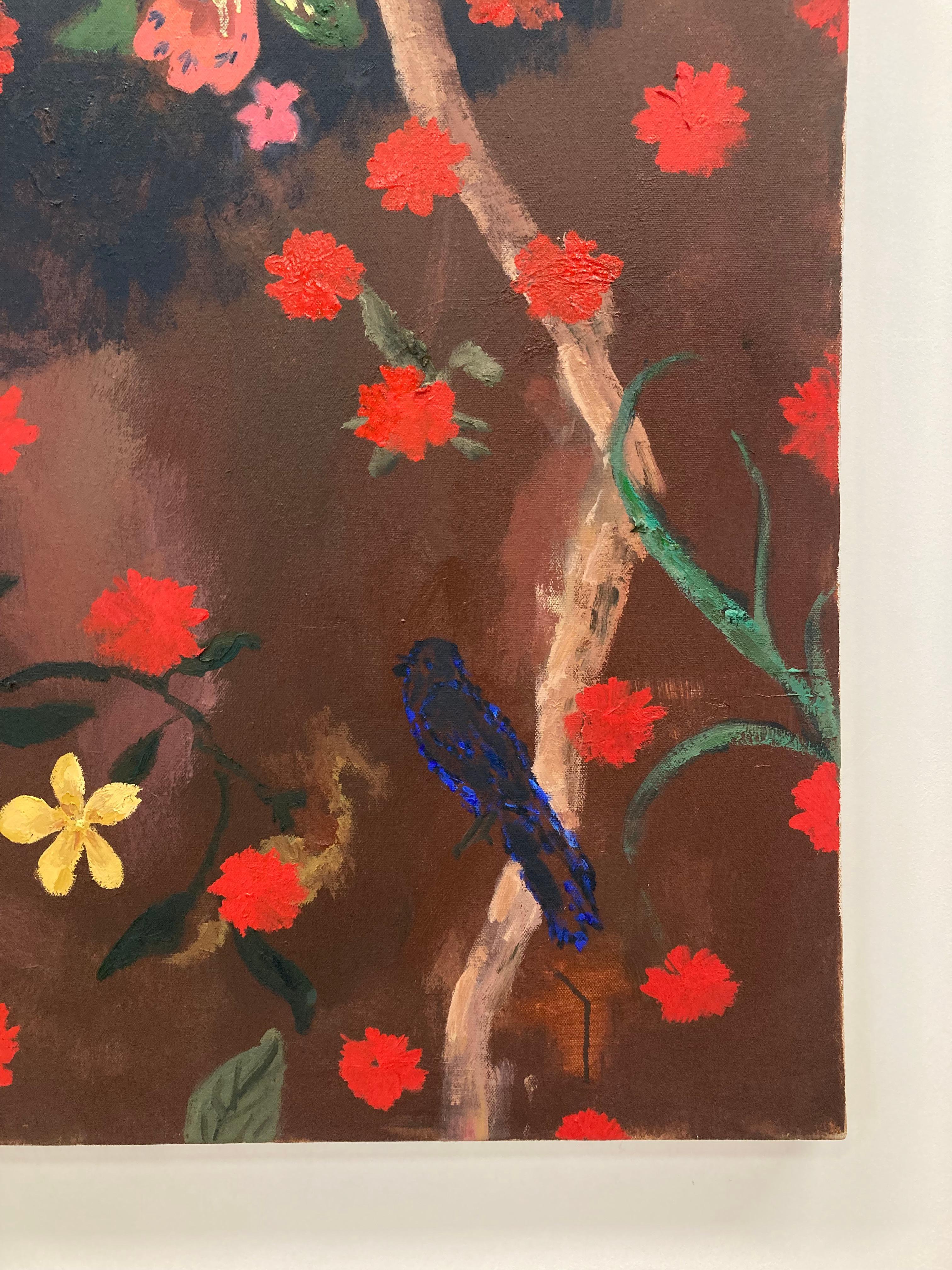 Dewy Wine - Red Yellow Flowers Tree Botanical Bird Mauve Painting, 2022 For Sale 2